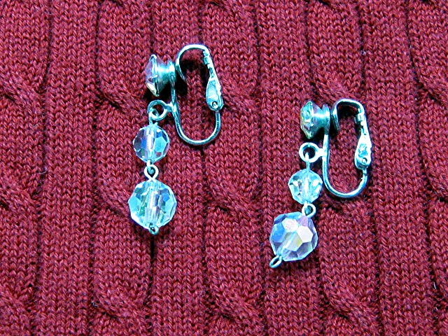 Crystal borealis Rhinestone Silver Clip Dangle Earrings