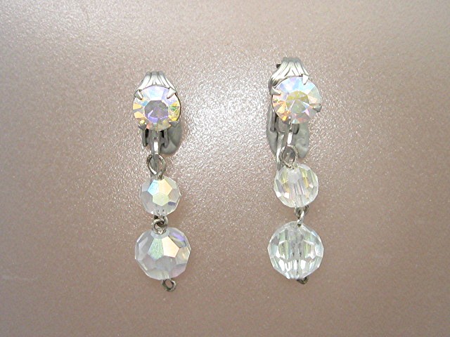 Crystal borealis Rhinestone Silver Clip Dangle Earrings