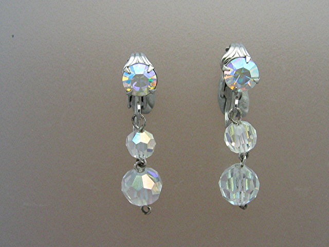 Crystal borealis Rhinestone Silver Clip Dangle Earrings