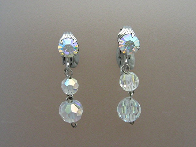 Crystal borealis Rhinestone Silver Clip Dangle Earrings