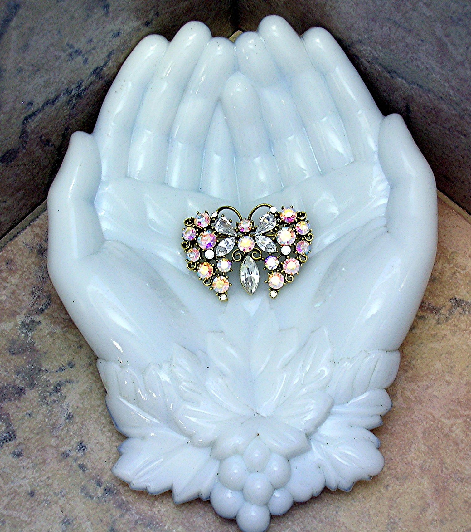 Pink Blue Crystal Goldtone Butterfly Brooch