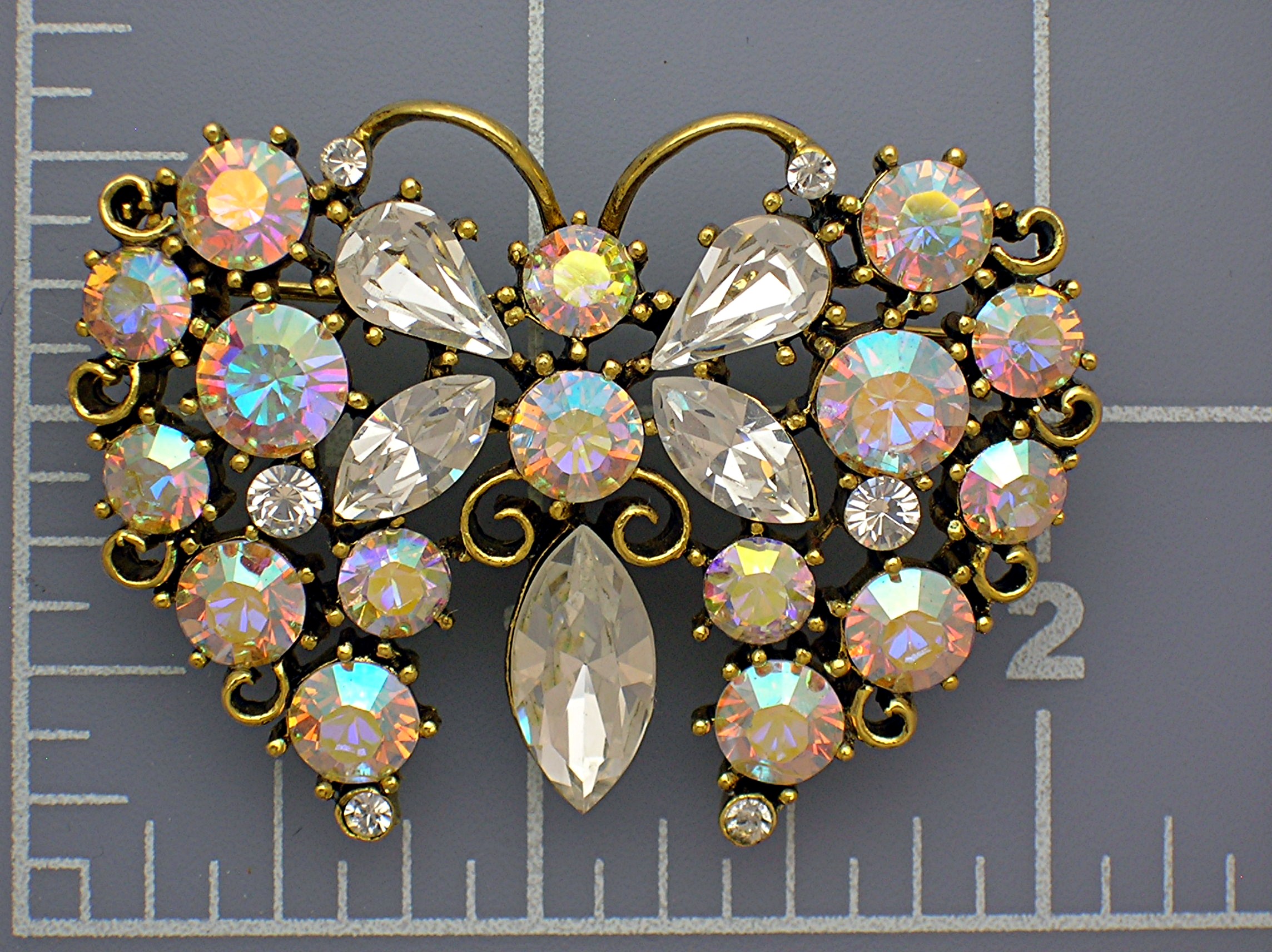 Pink Blue Crystal Goldtone Butterfly Brooch