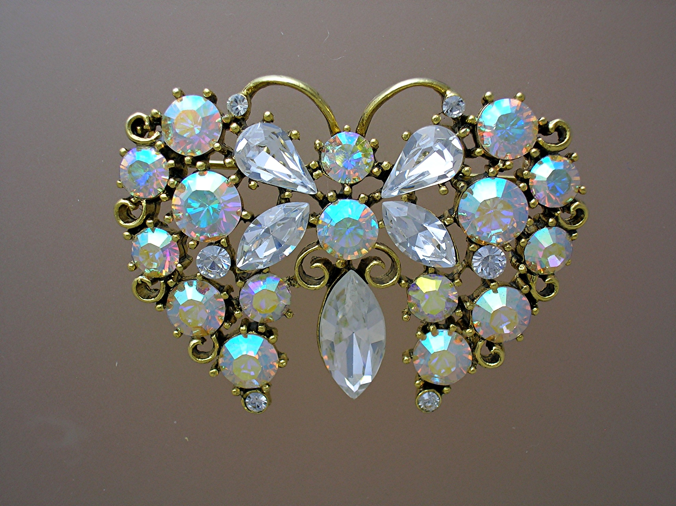 Pink Blue Crystal Goldtone Butterfly Brooch