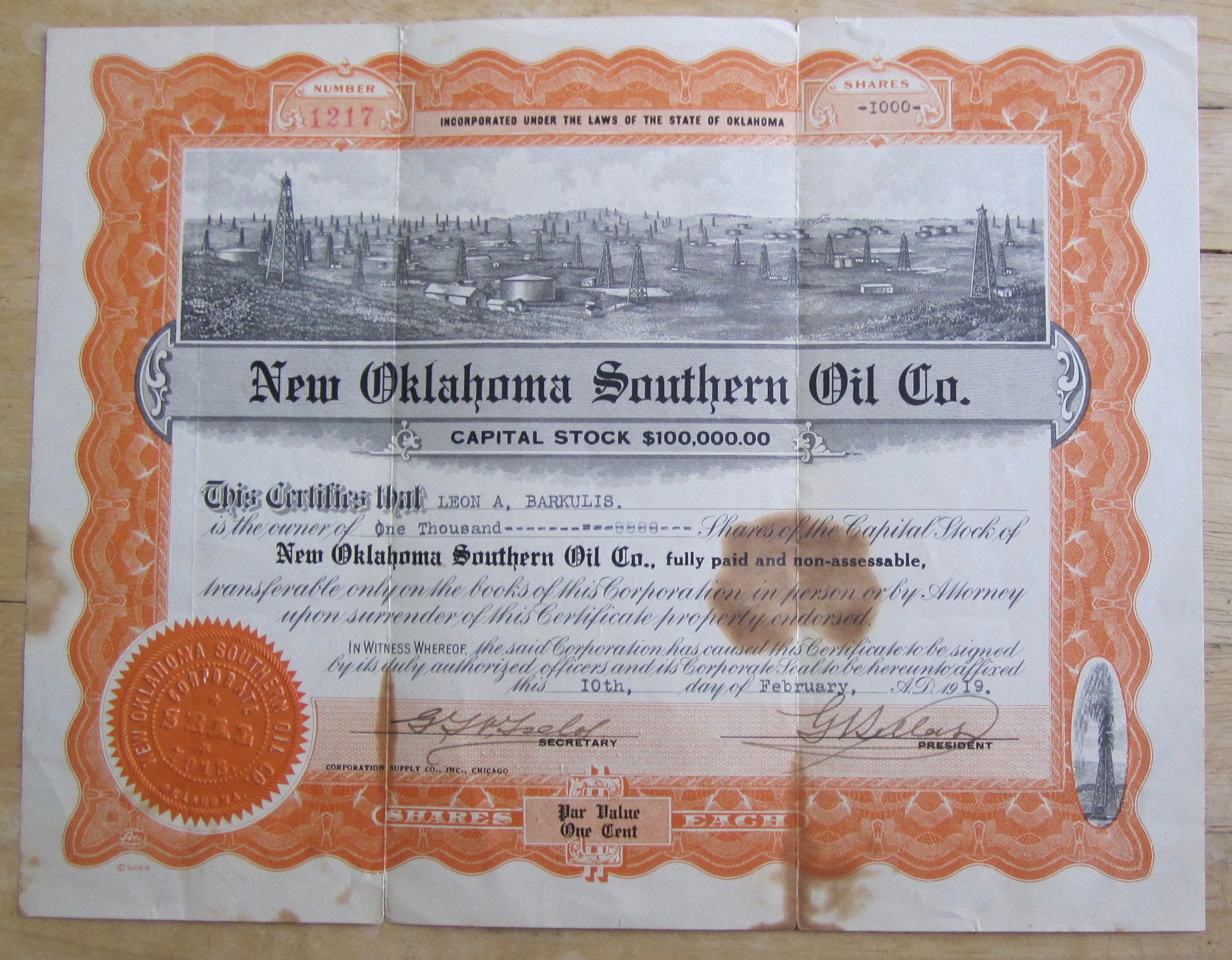 1919 New Oklahoma Southern Oil Co. Stock Certificate