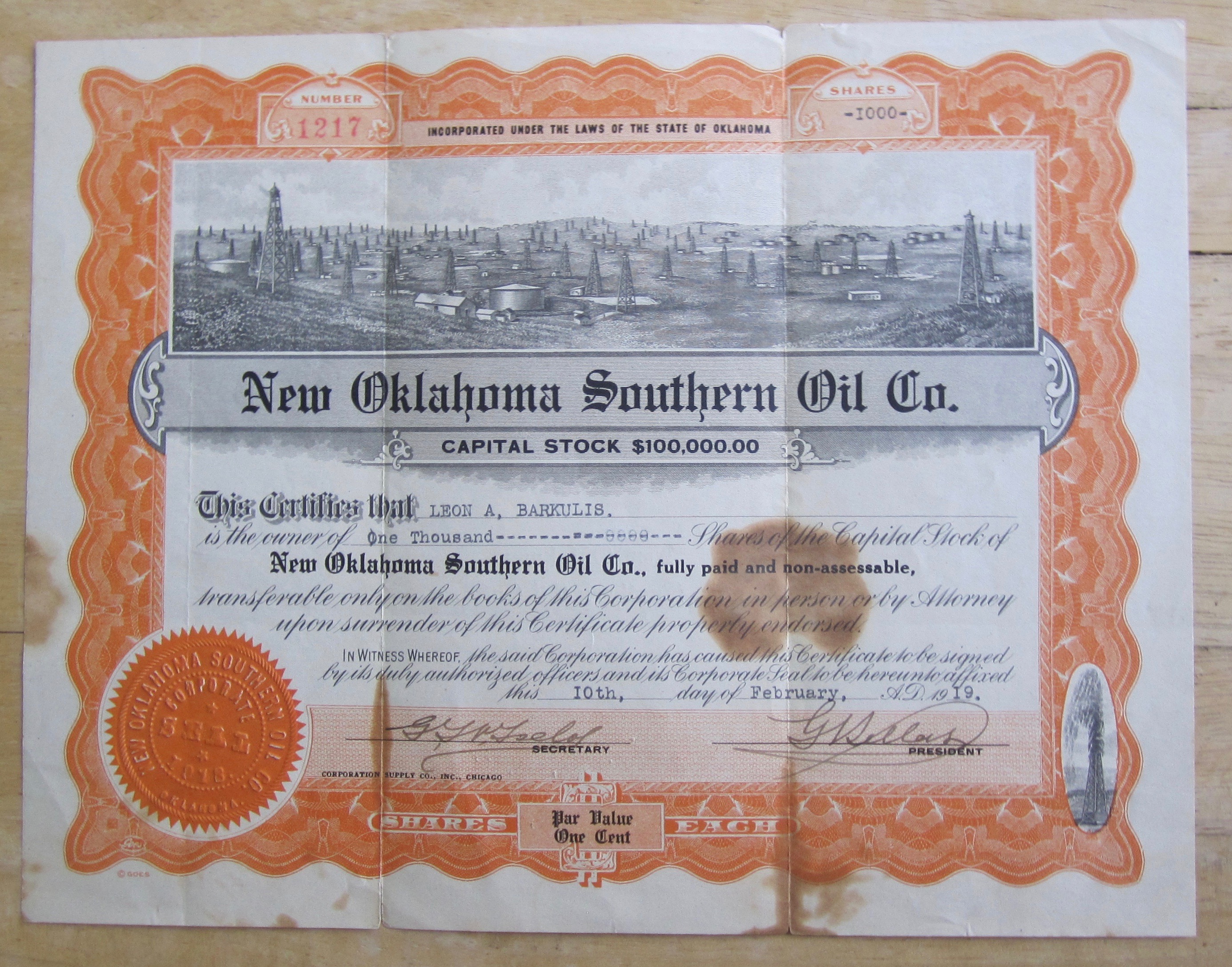 1919 New Oklahoma Southern Oil Co. Stock Certificate