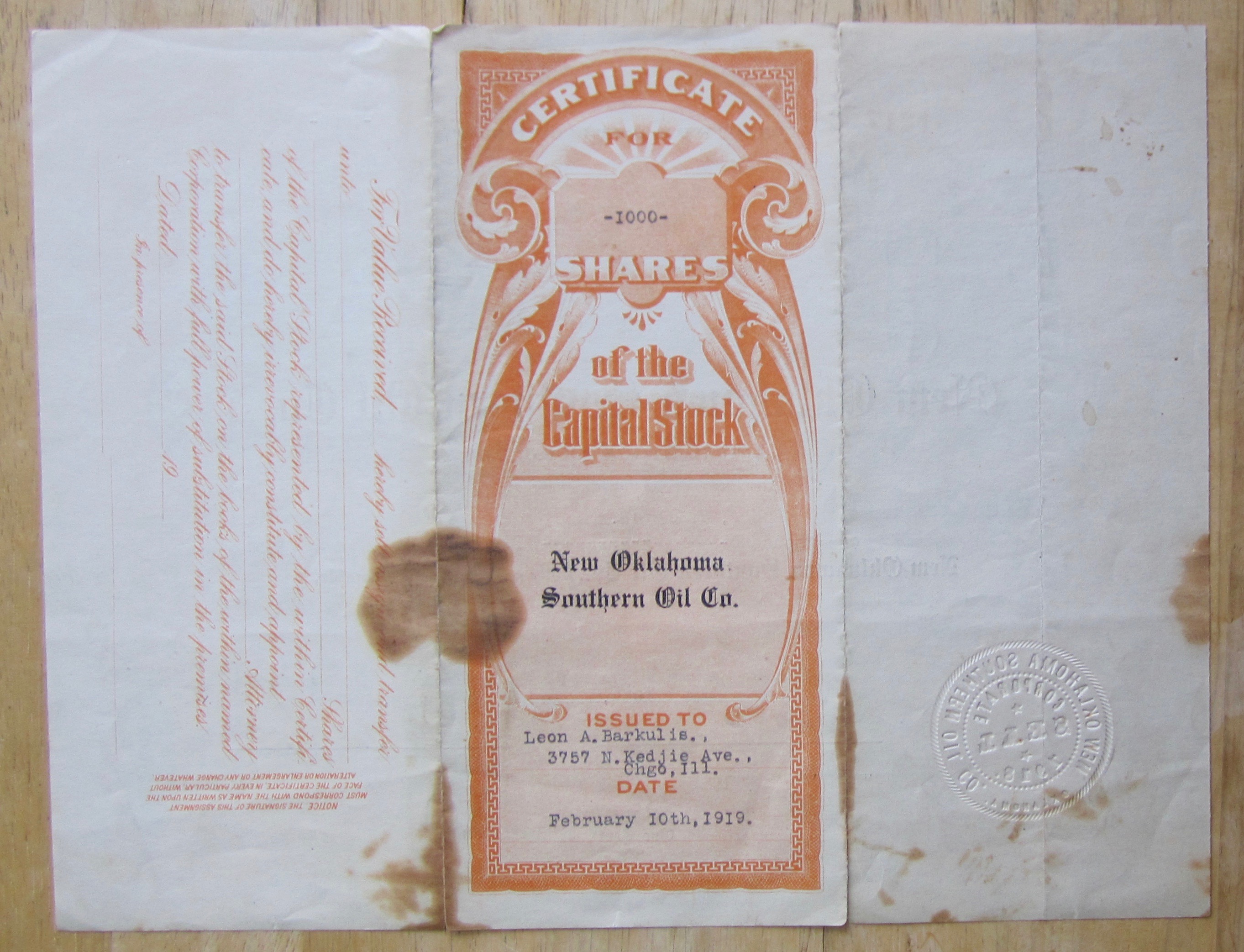 1919 New Oklahoma Southern Oil Co. Stock Certificate