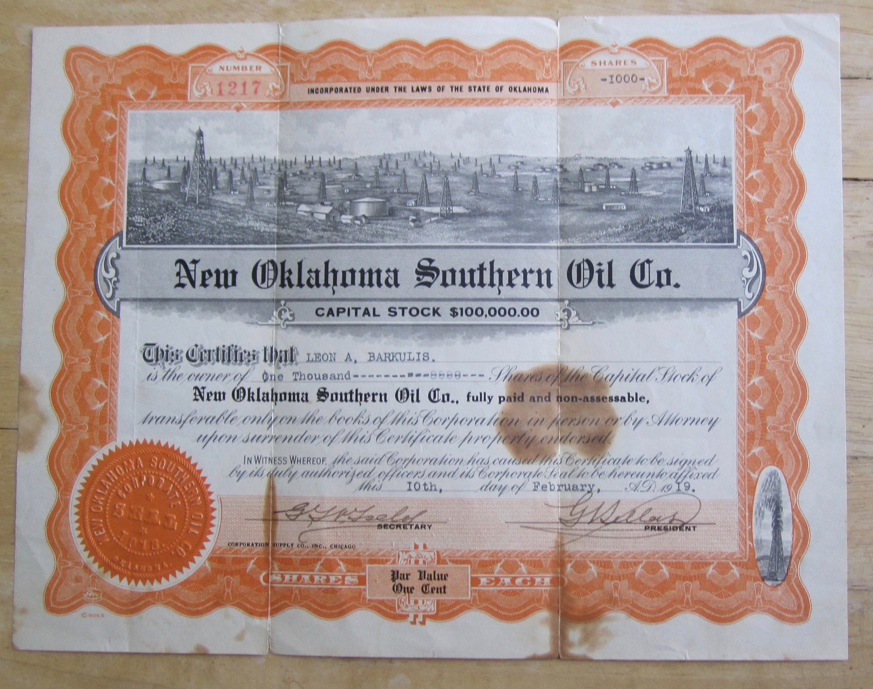 1919 New Oklahoma Southern Oil Co. Stock Certificate