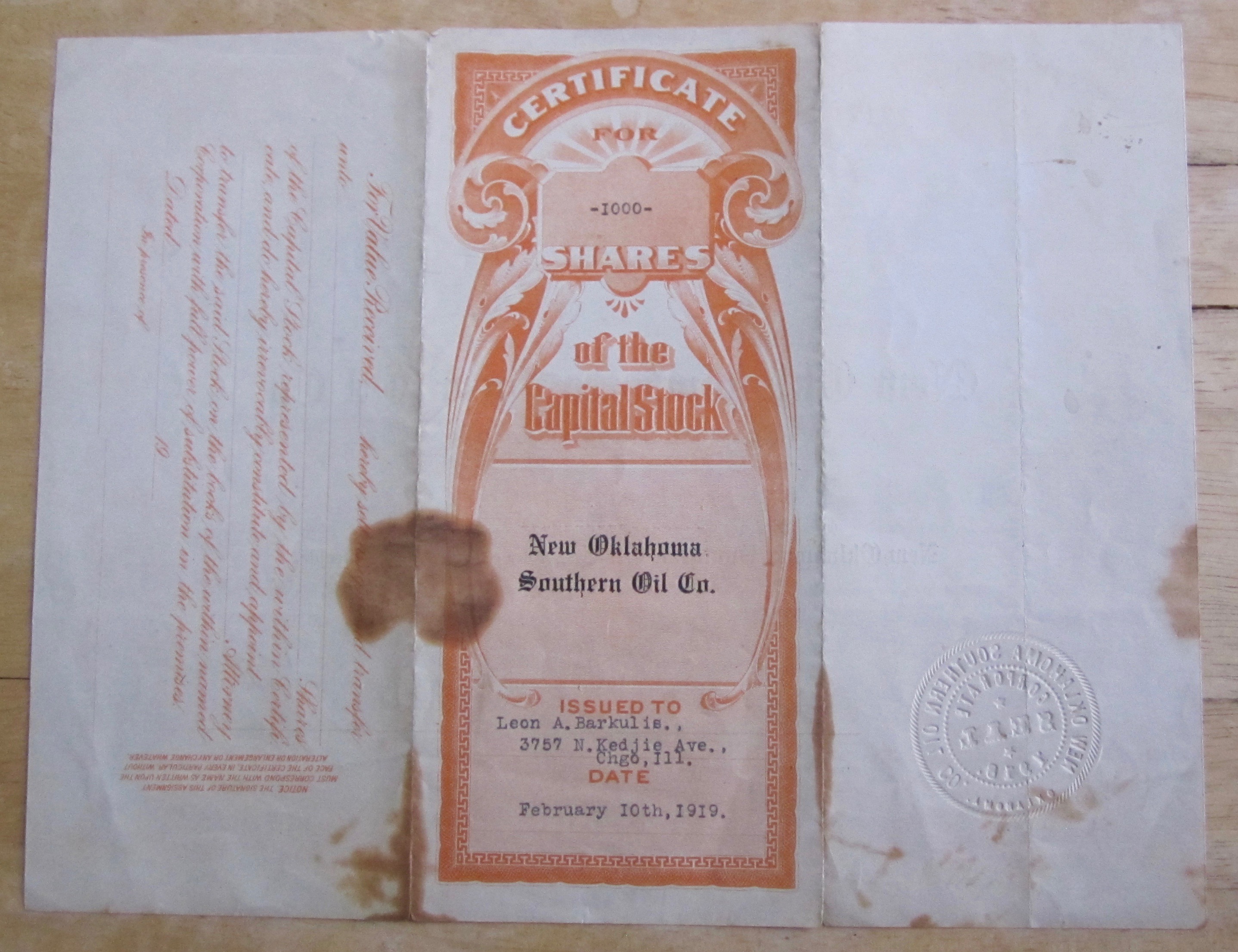 1919 New Oklahoma Southern Oil Co. Stock Certificate