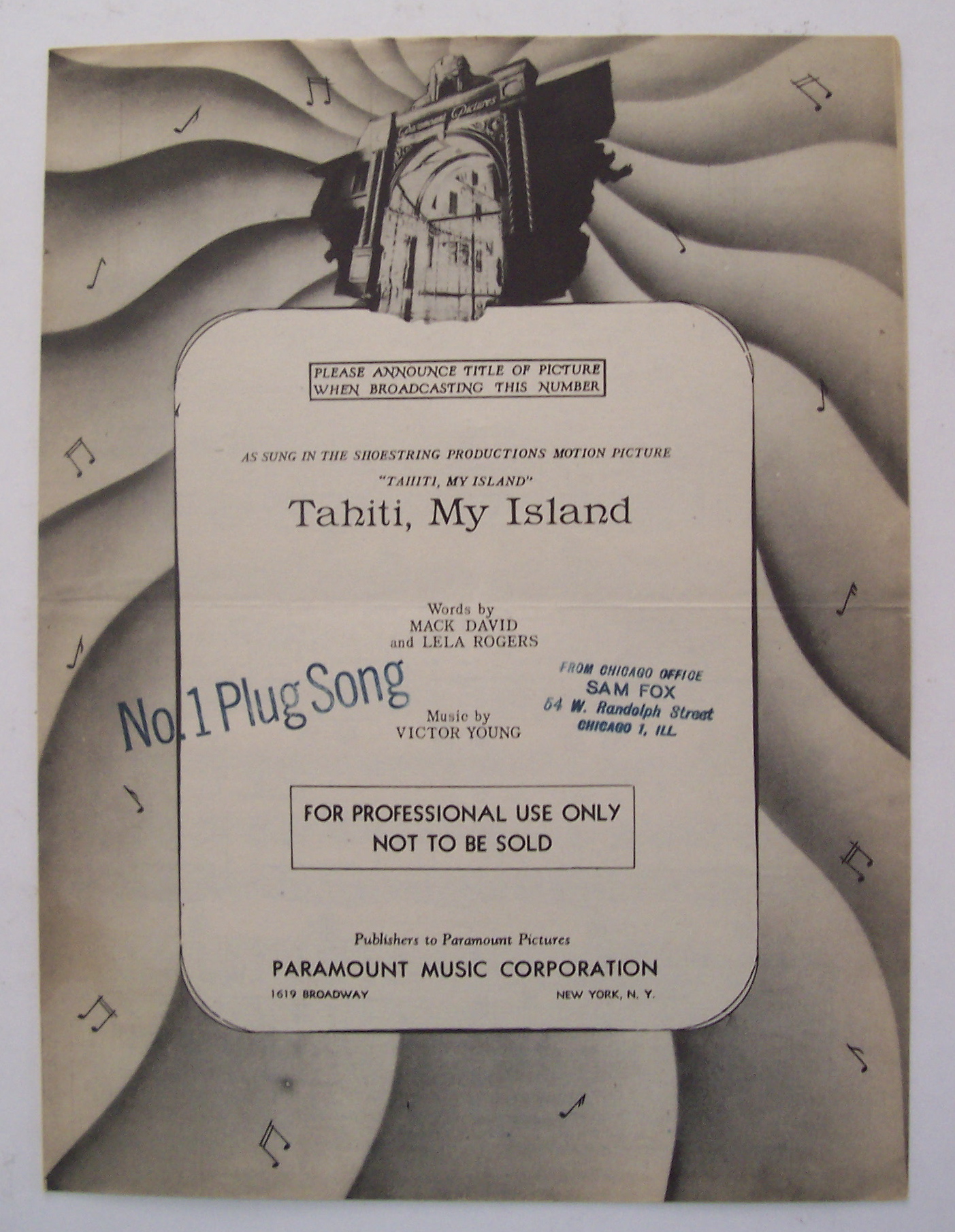 Sheet Music For 1951 Tahiti, My Island