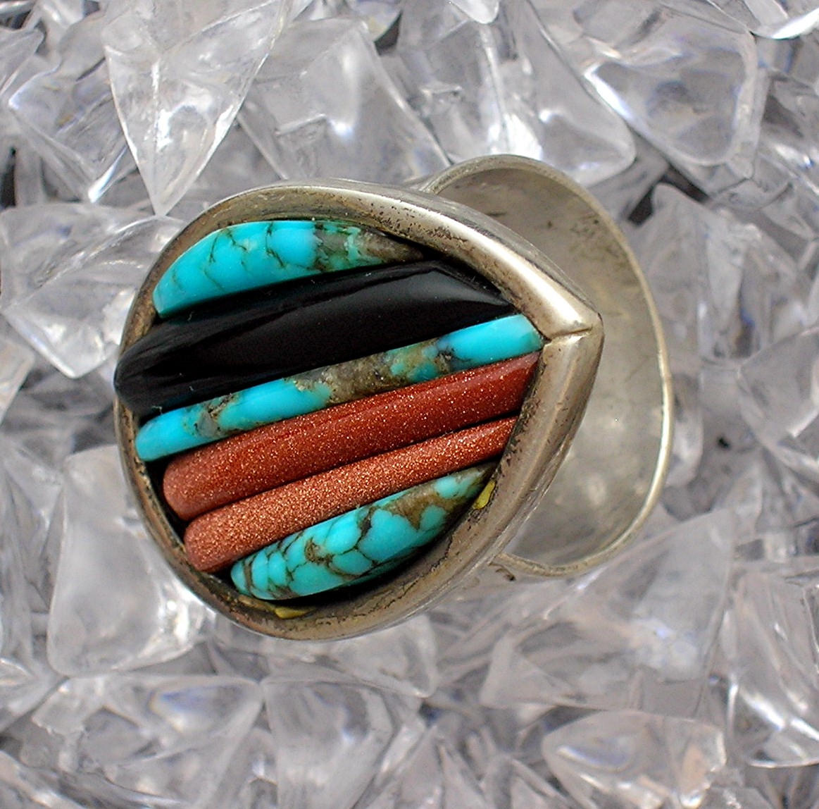 Native American Sterling Silver Turquoise Coral Cornrow