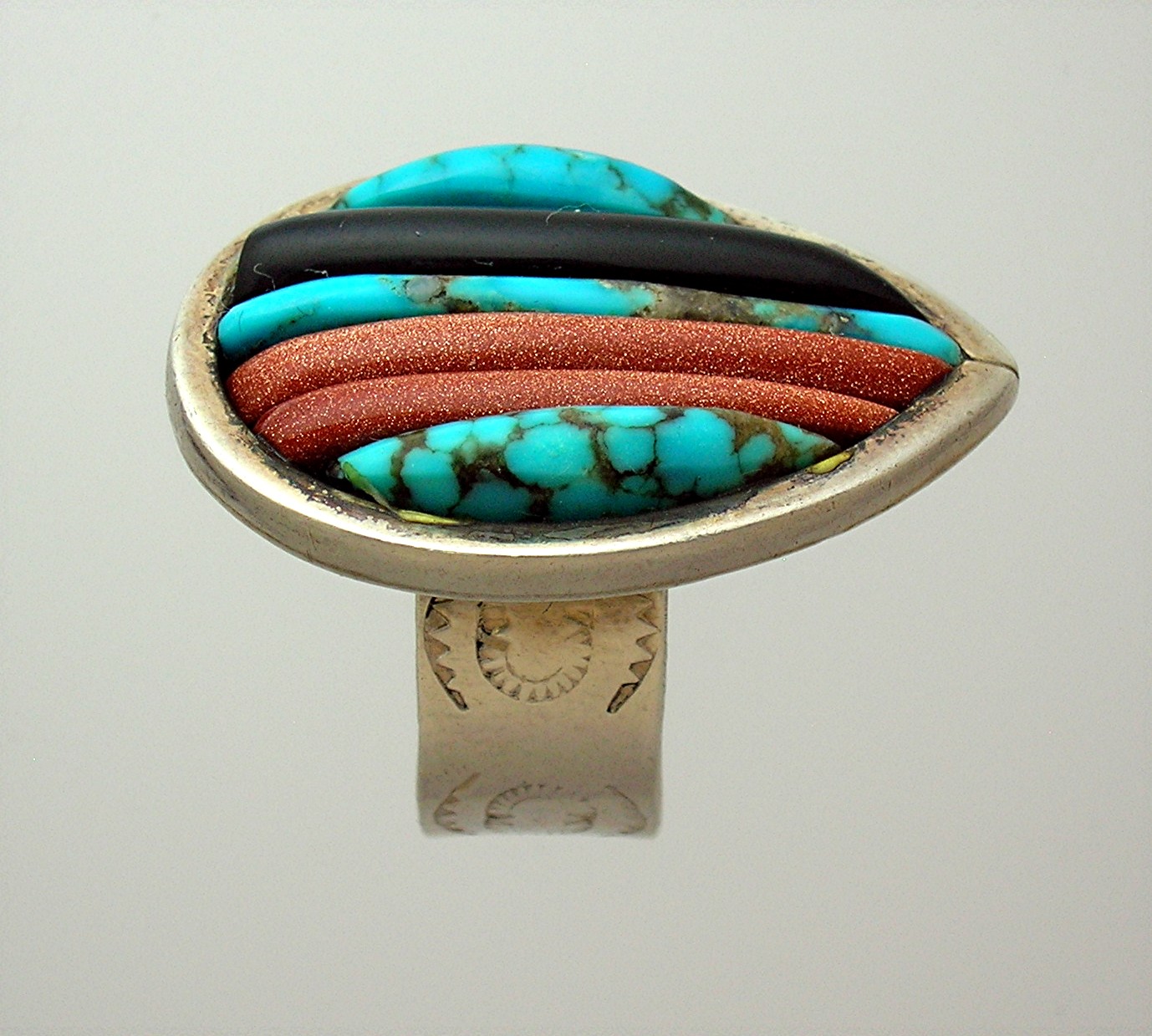 Native American Sterling Silver Turquoise Coral Cornrow