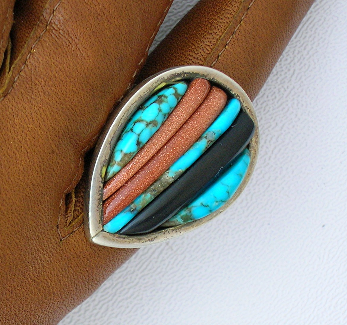 Native American Sterling Silver Turquoise Coral Cornrow