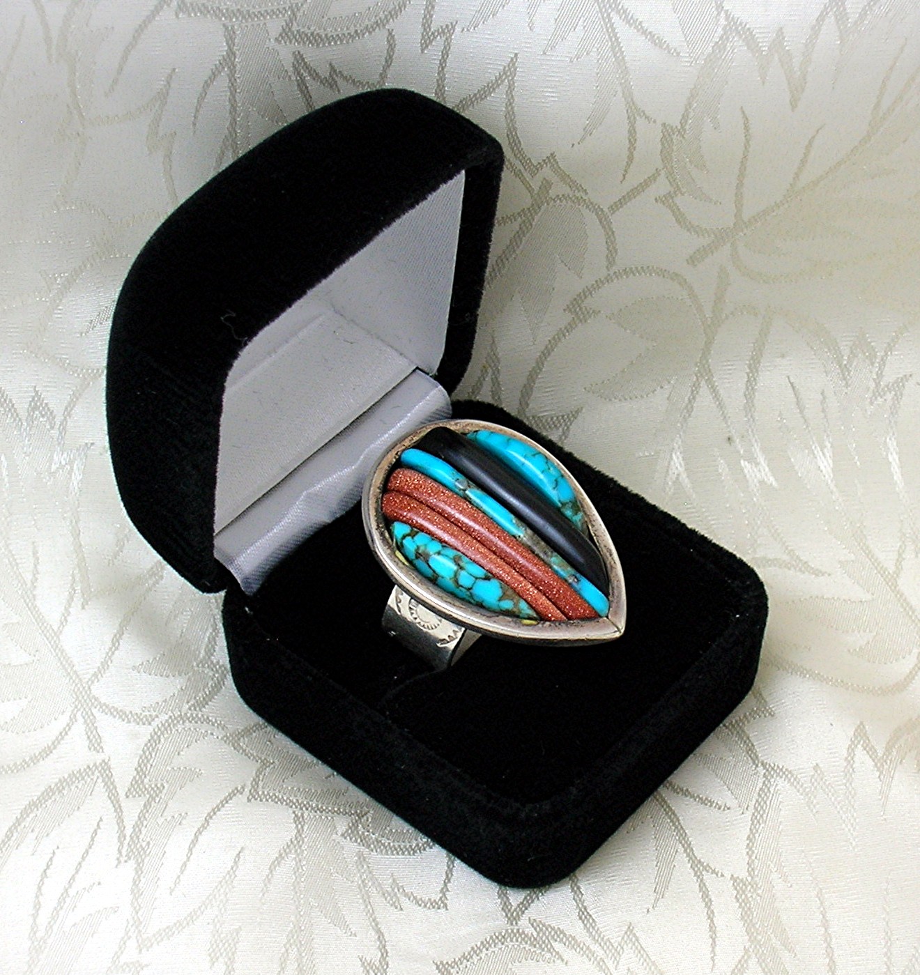 Native American Sterling Silver Turquoise Coral Cornrow