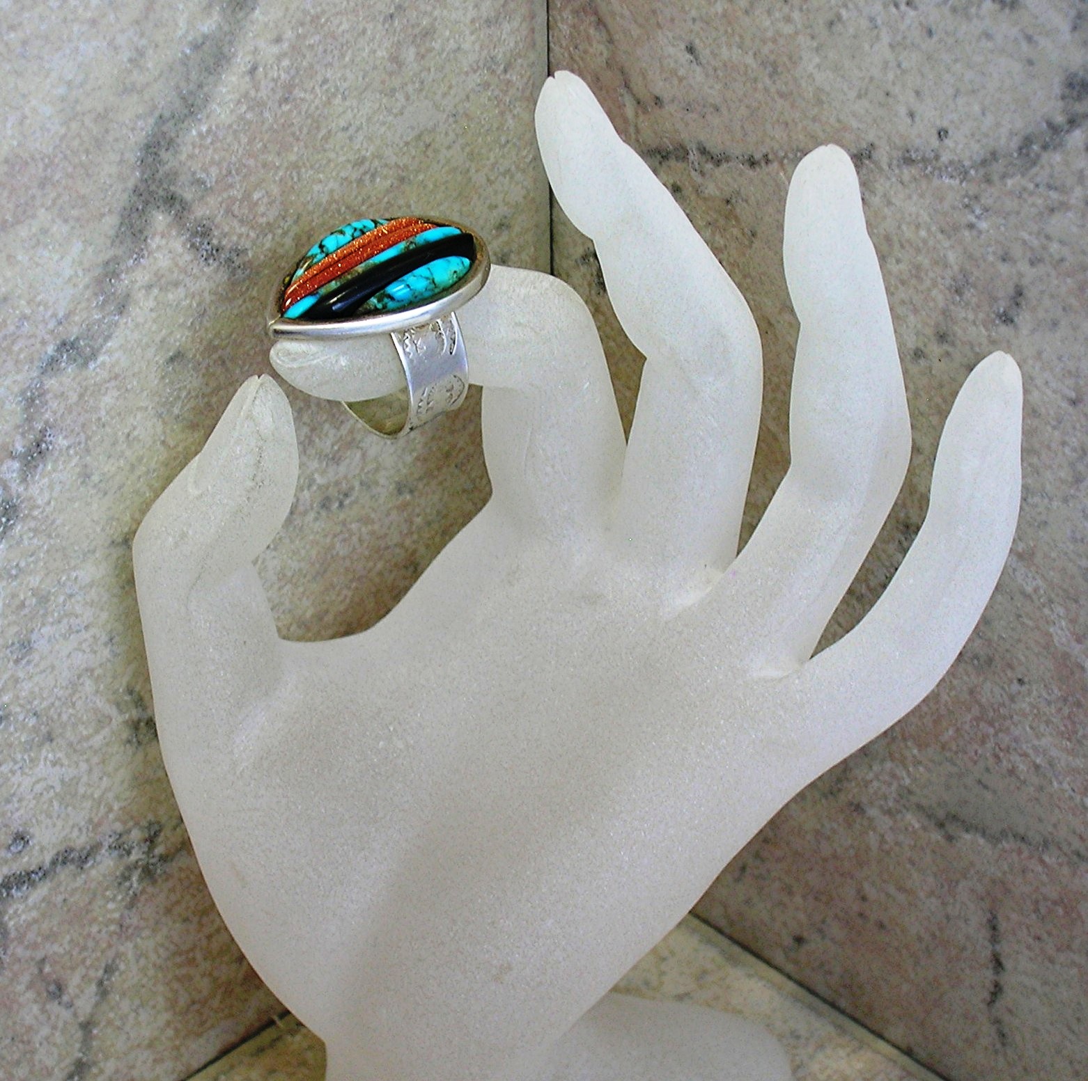 Native American Sterling Silver Turquoise Coral Cornrow