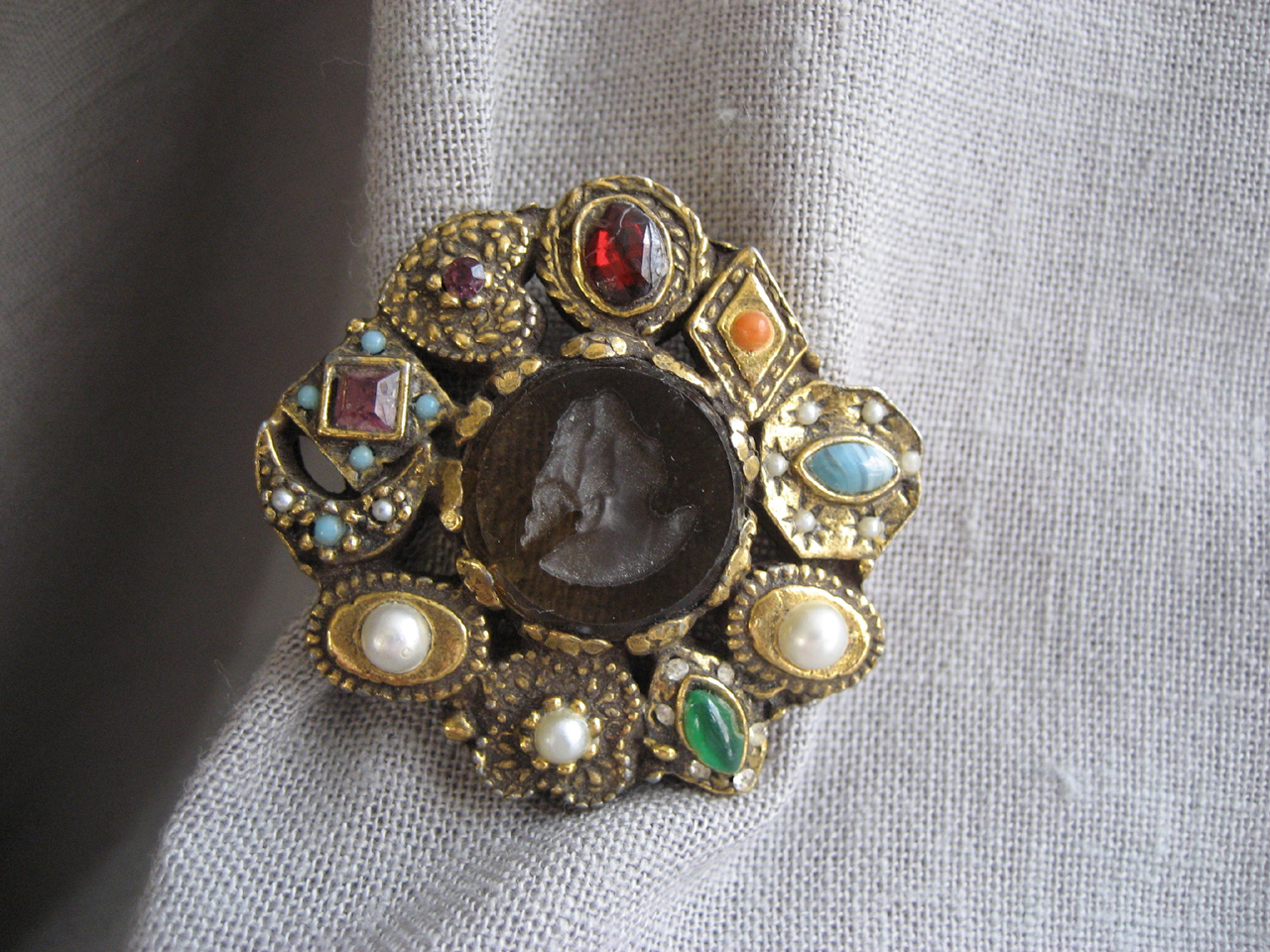 Goldette Cameo and Stone Brooch