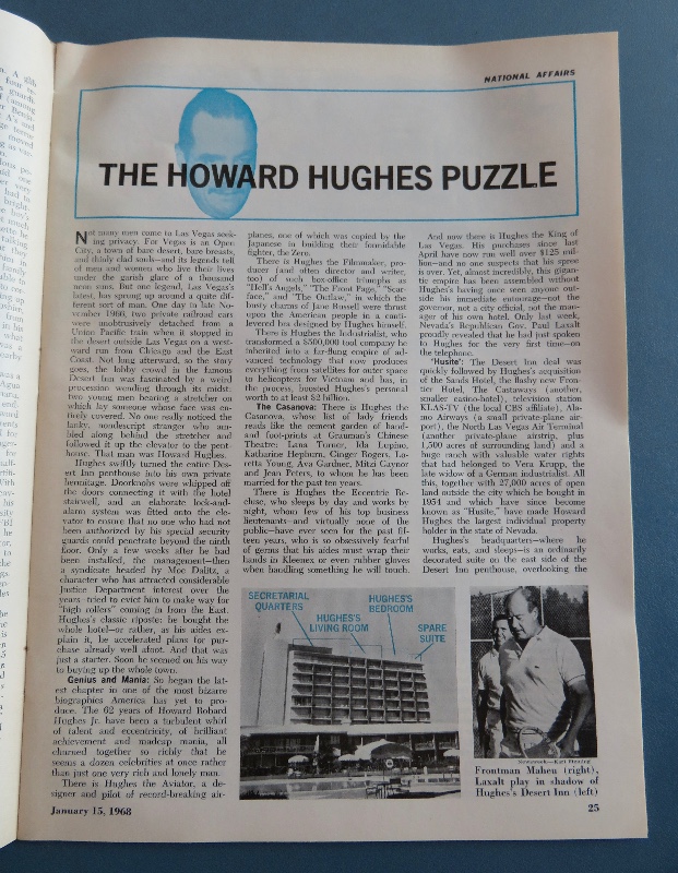 Newsweek Magazine January 15, 1968 Howard Hughes Puzzle