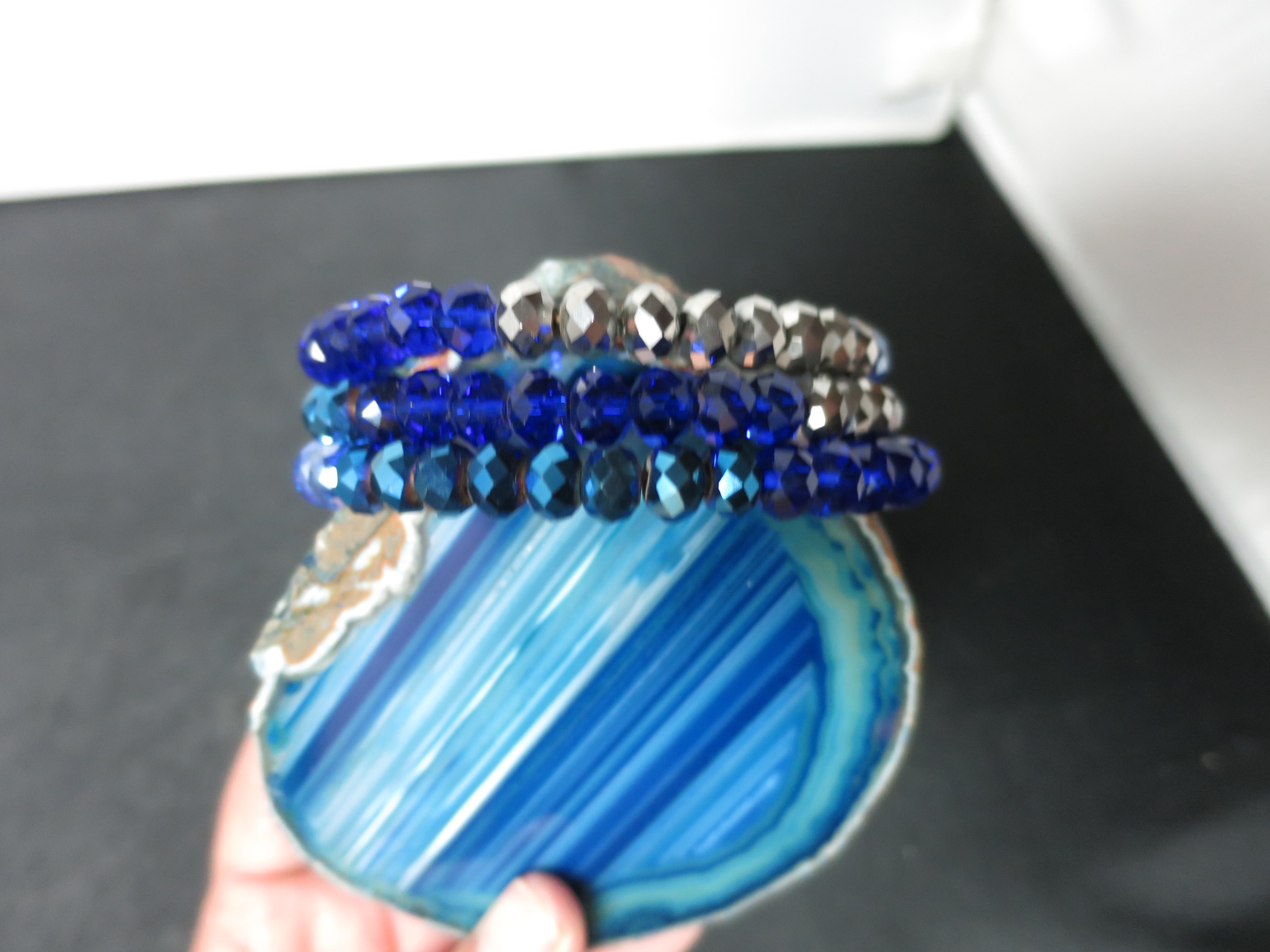 Crystal Bead Coil Bracelet Shades of Blue and Silver Bevel Cut