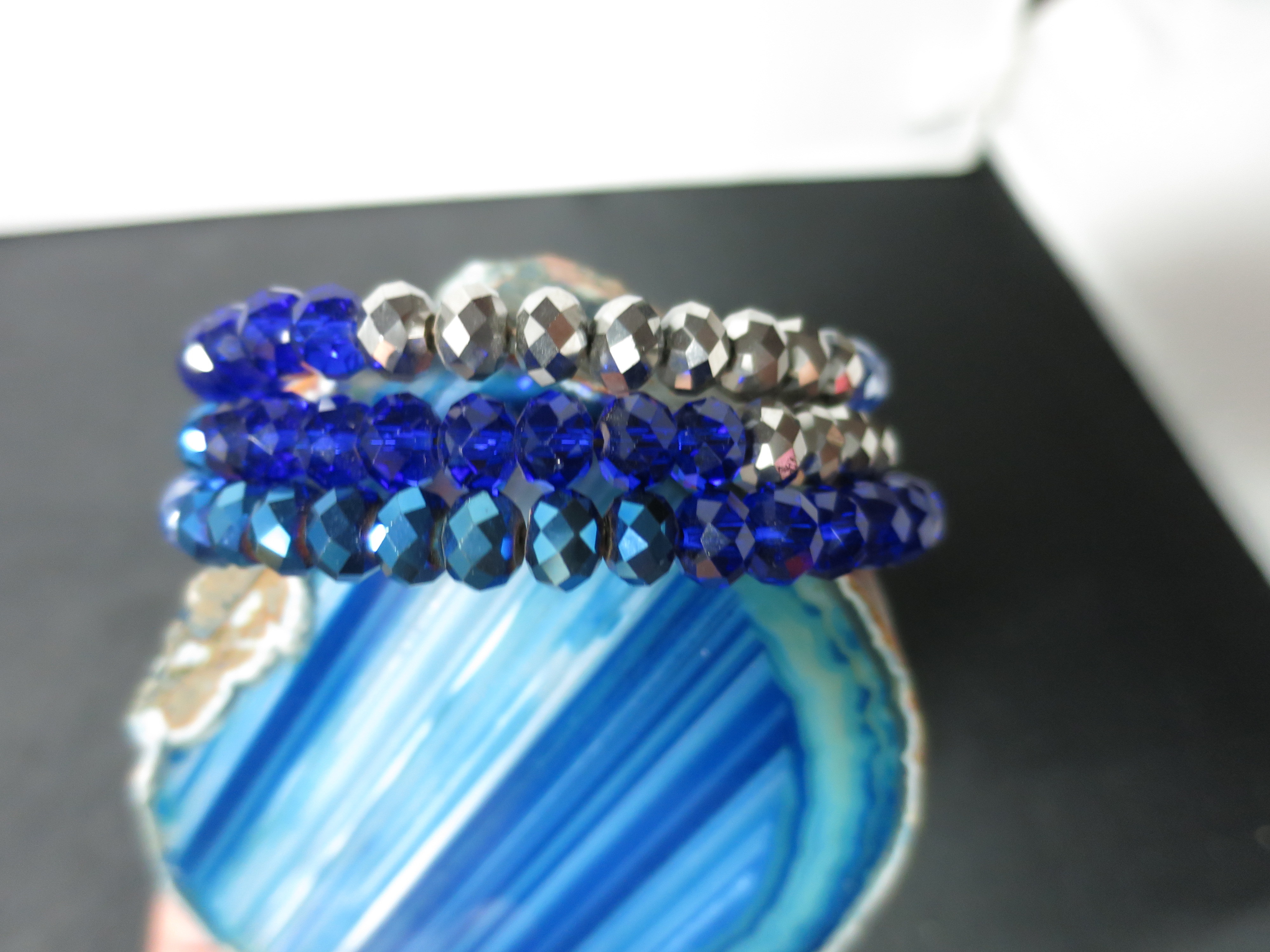 Crystal Bead Coil Bracelet Shades of Blue and Silver Bevel Cut