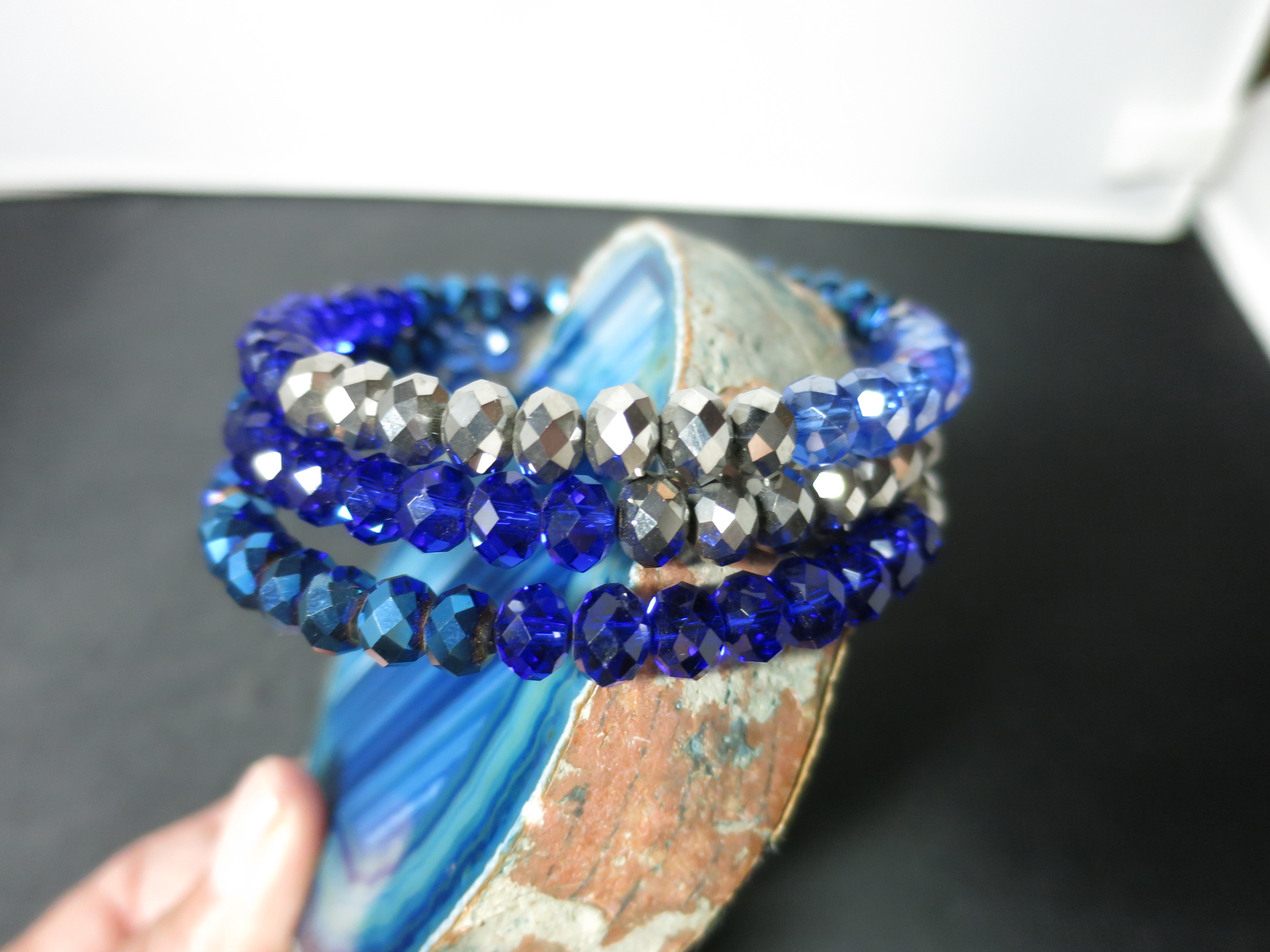 Crystal Bead Coil Bracelet Shades of Blue and Silver Bevel Cut