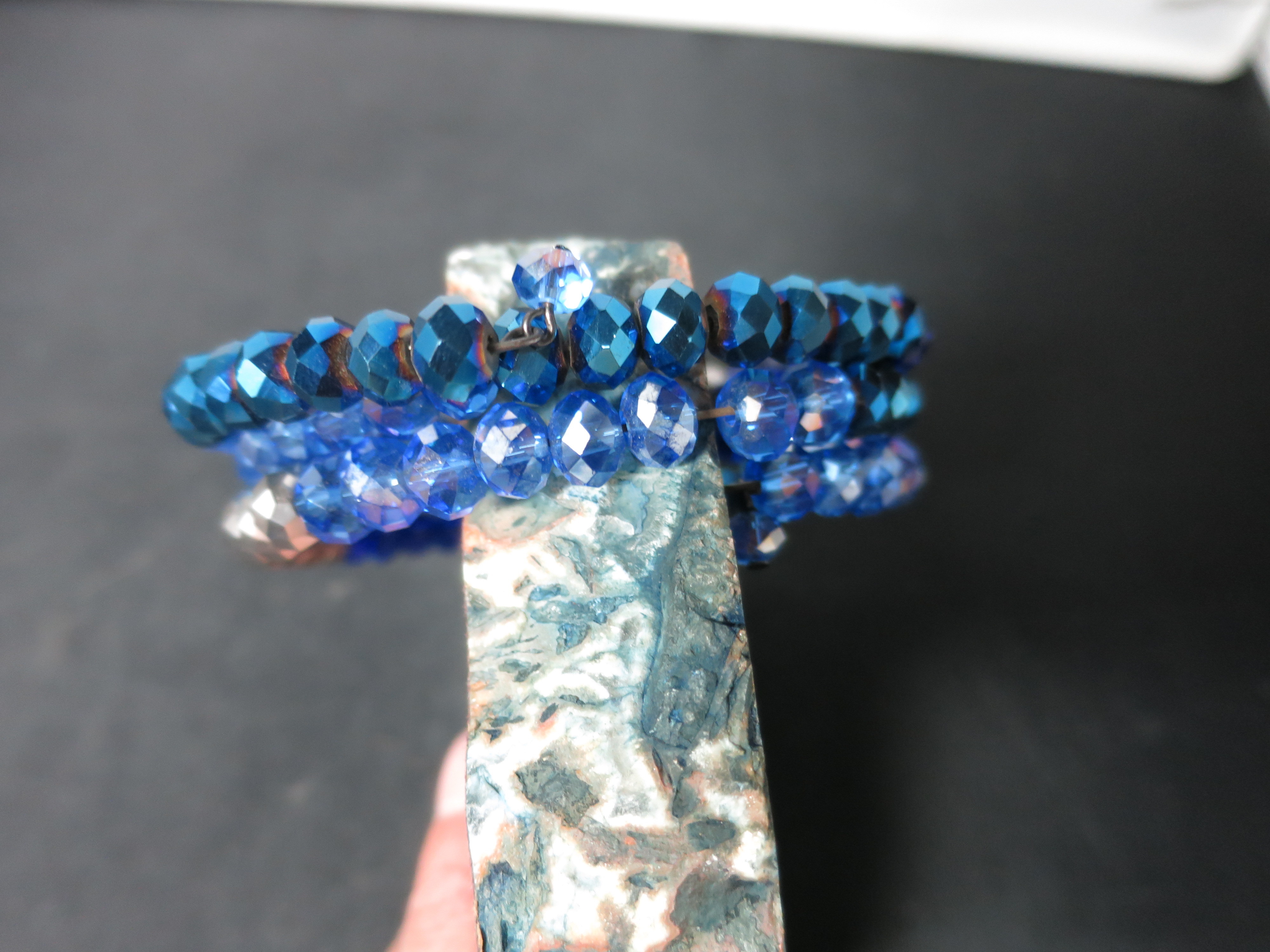 Crystal Bead Coil Bracelet Shades of Blue and Silver Bevel Cut