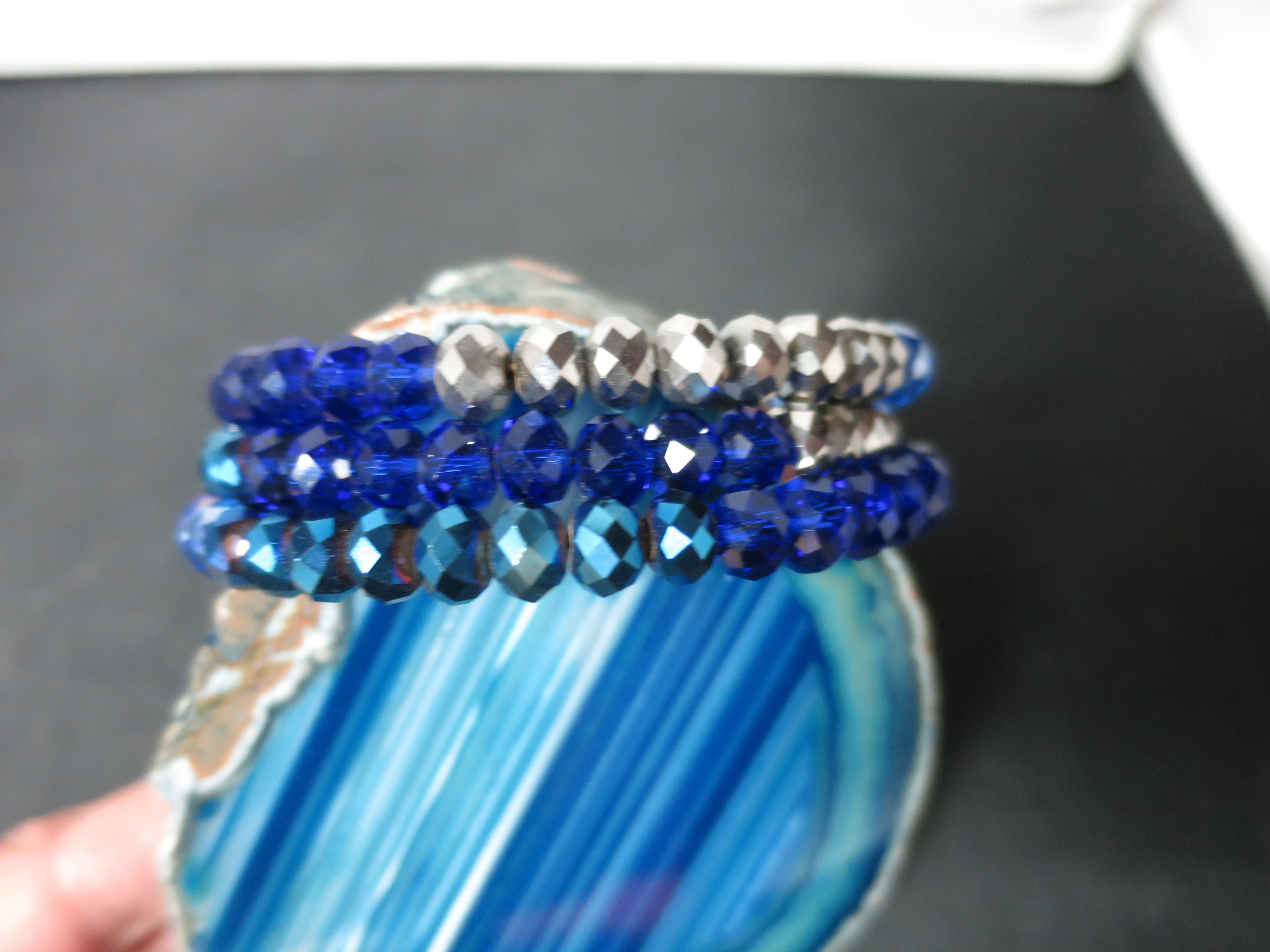 Crystal Bead Coil Bracelet Shades of Blue and Silver Bevel Cut