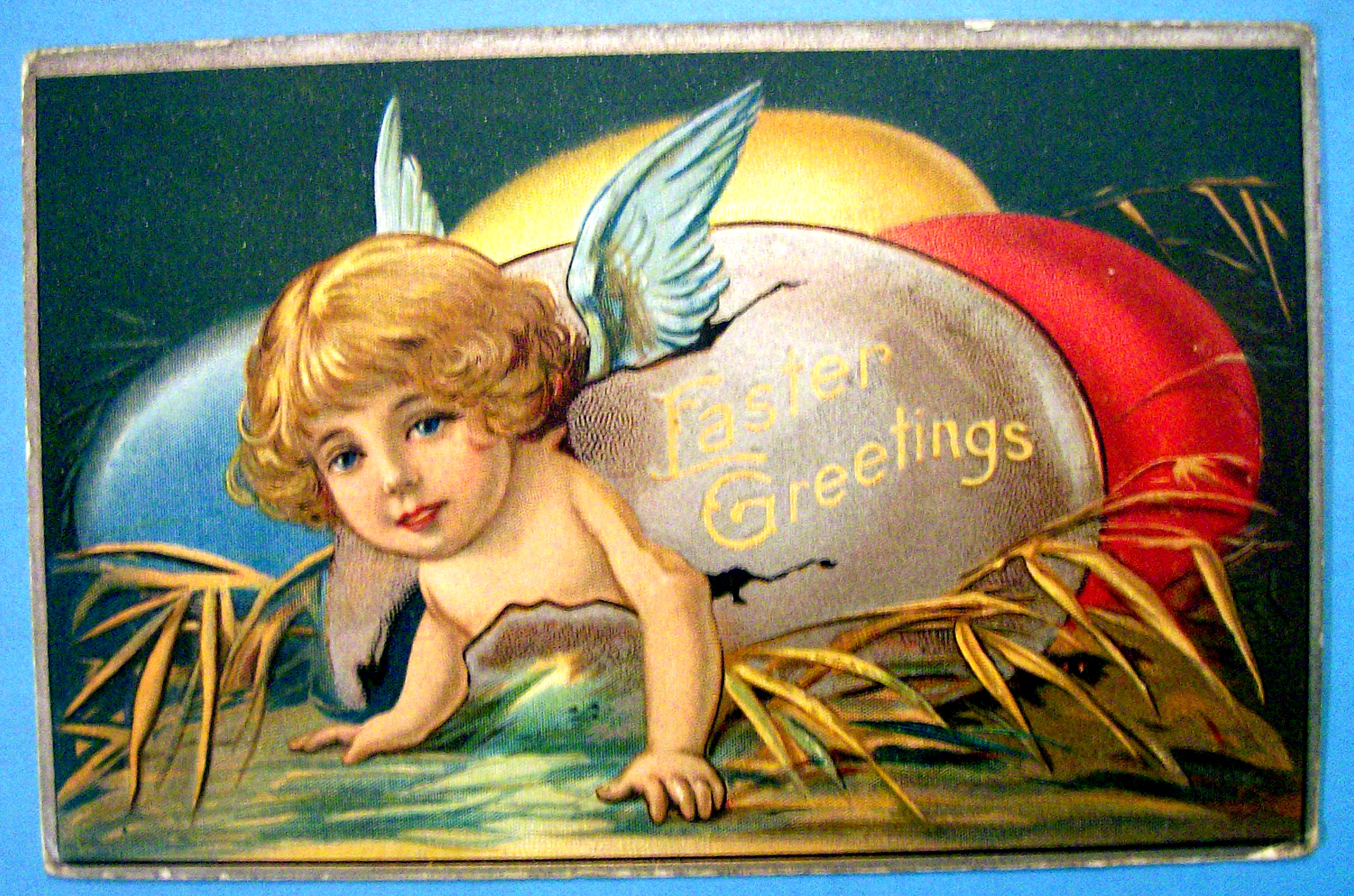 Easter Greetings Postcard w/Angel Coming Out of Egg