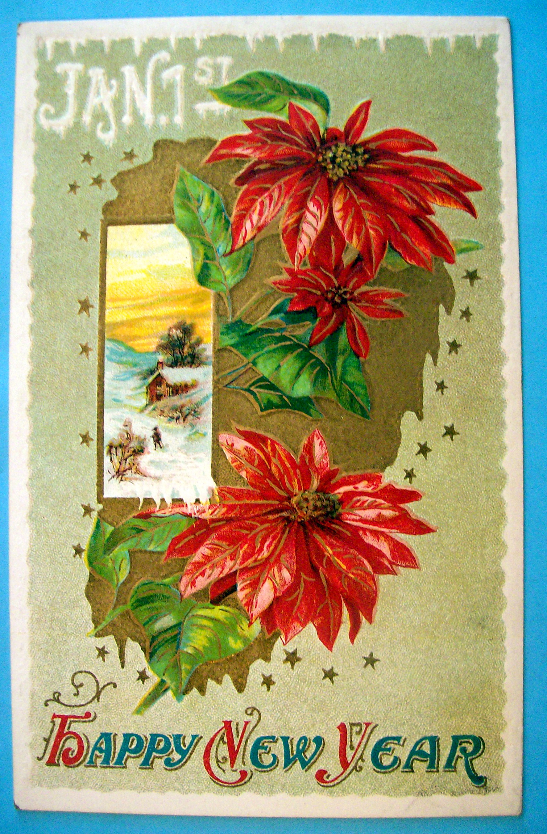 Happy New Year Postcard with Red Poinsettas (Embossed)