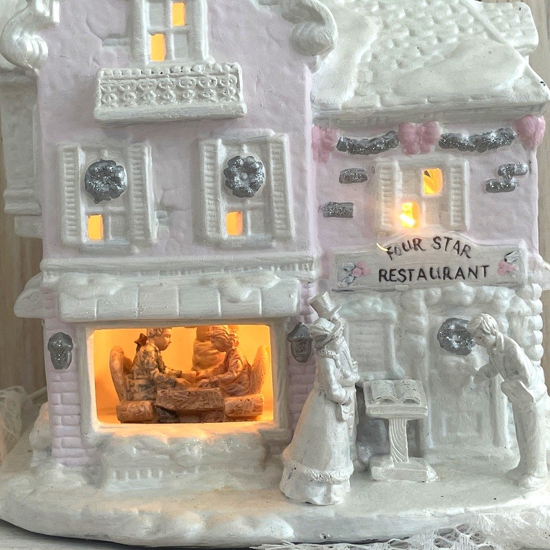 8" Vintage Pink Christmas Village Restaurant w/ Romantic Couple Inside Window Light-Up Victorian House