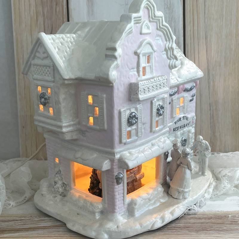 8" Vintage Pink Christmas Village Restaurant w/ Romantic Couple Inside Window Light-Up Victorian House
