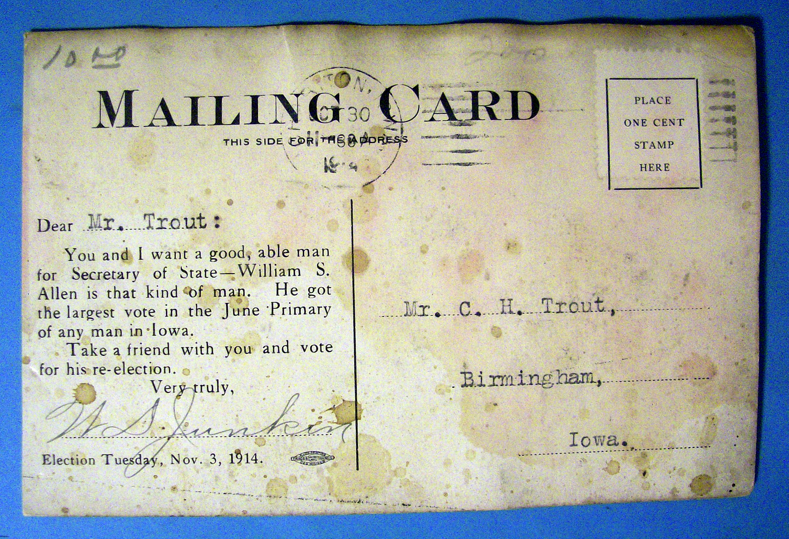 1914 William S. Allen Mailing Card