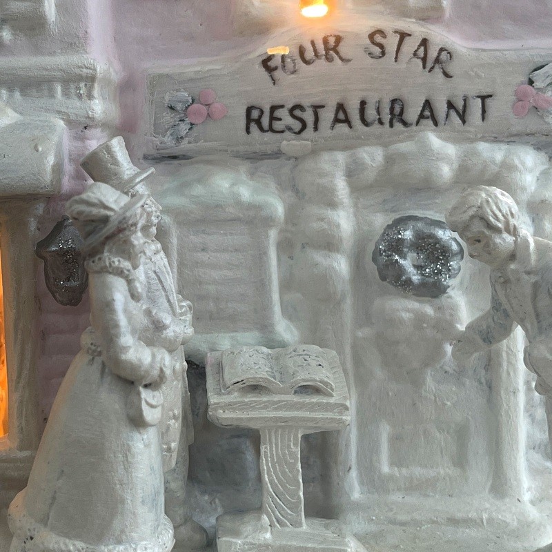 8" Vintage Pink Christmas Village Restaurant w/ Romantic Couple Inside Window Light-Up Victorian House