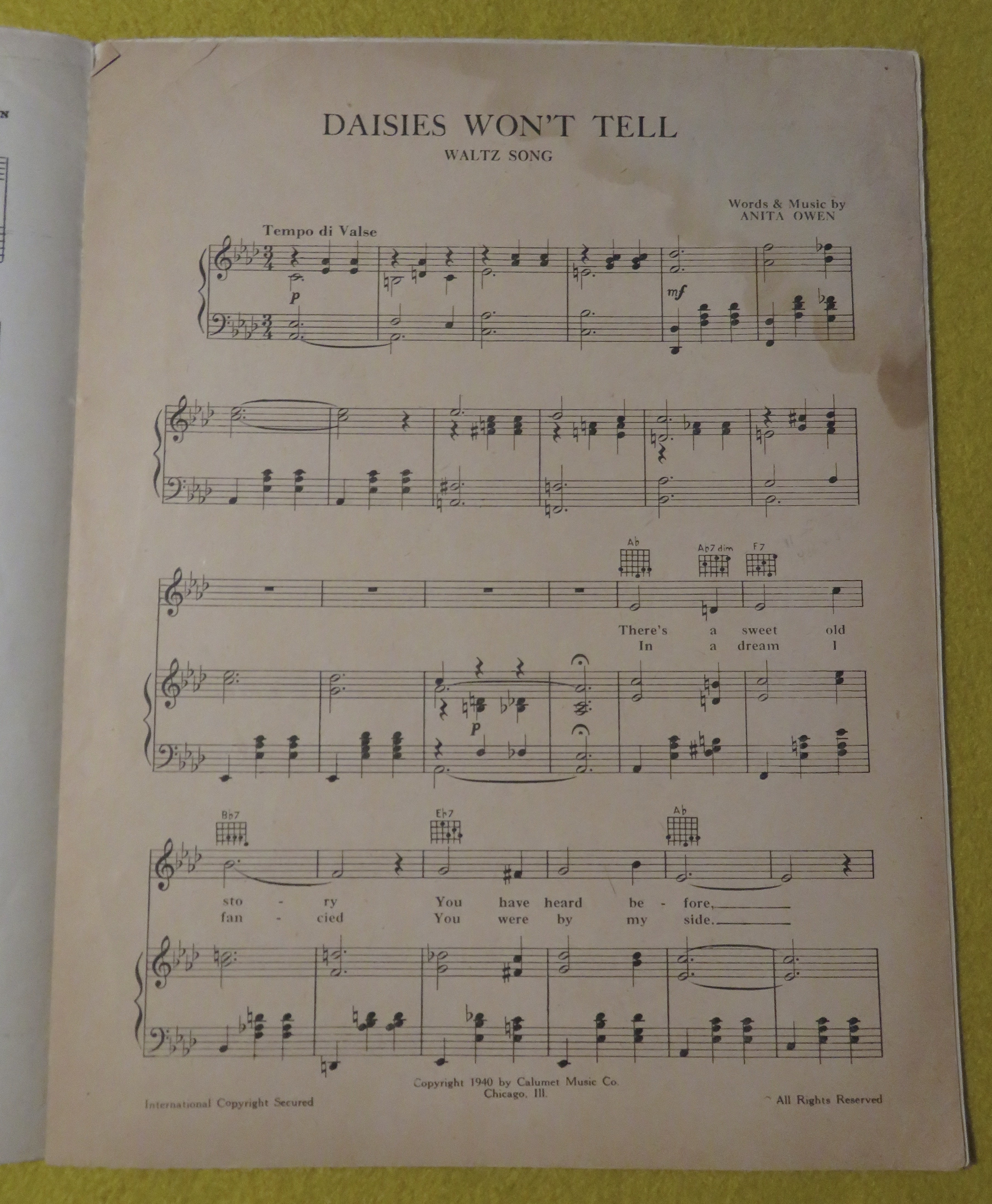 1940 Daisies Won't Tell Sheet Music Anita Owen