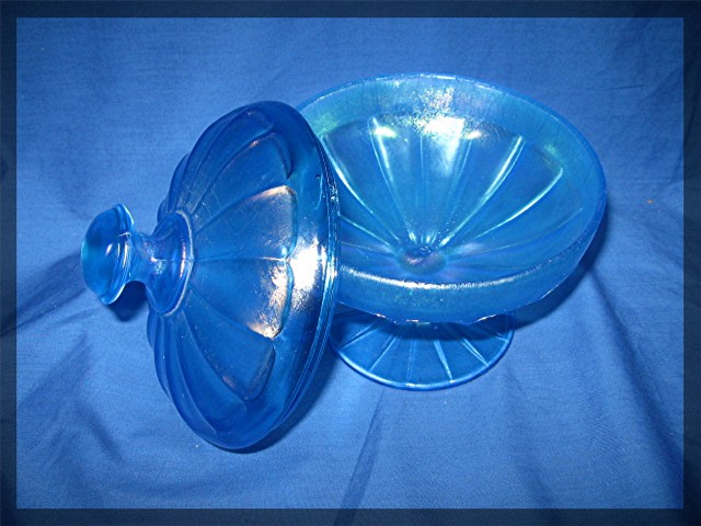 Candy dish in blue Stretch Glass Lidded and footed