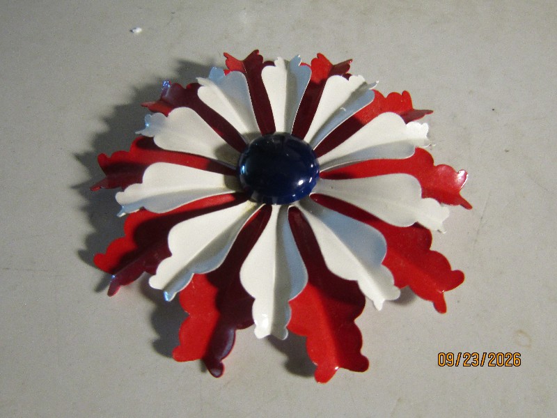 Vintage Red White and Blue Enamel Metal Flower Brooch Pin