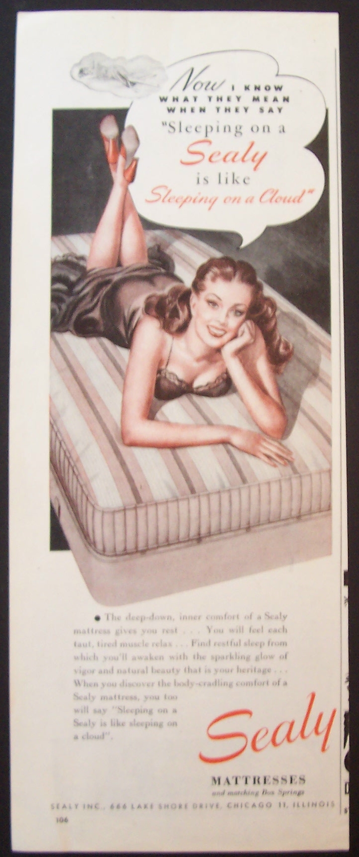 1945 Sealy Mattress with Woman Laying on Mattress