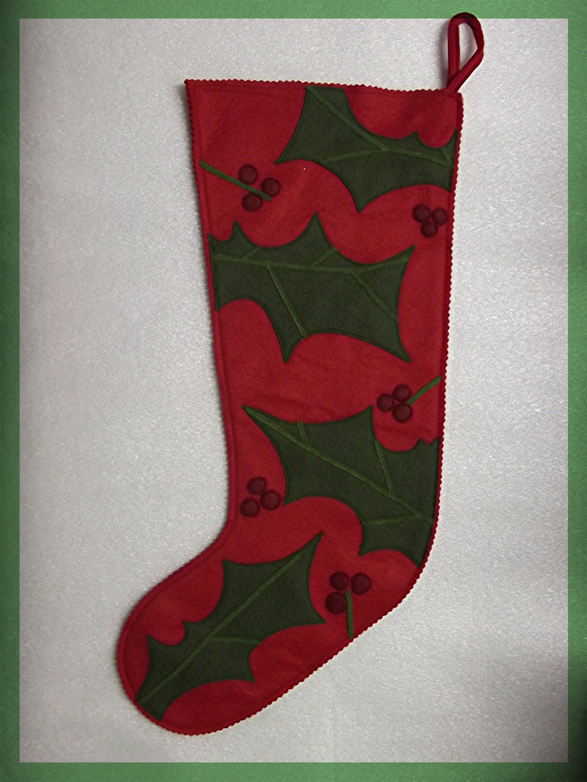 Christmas Stocking, Red and Green Felt Holly Leaves