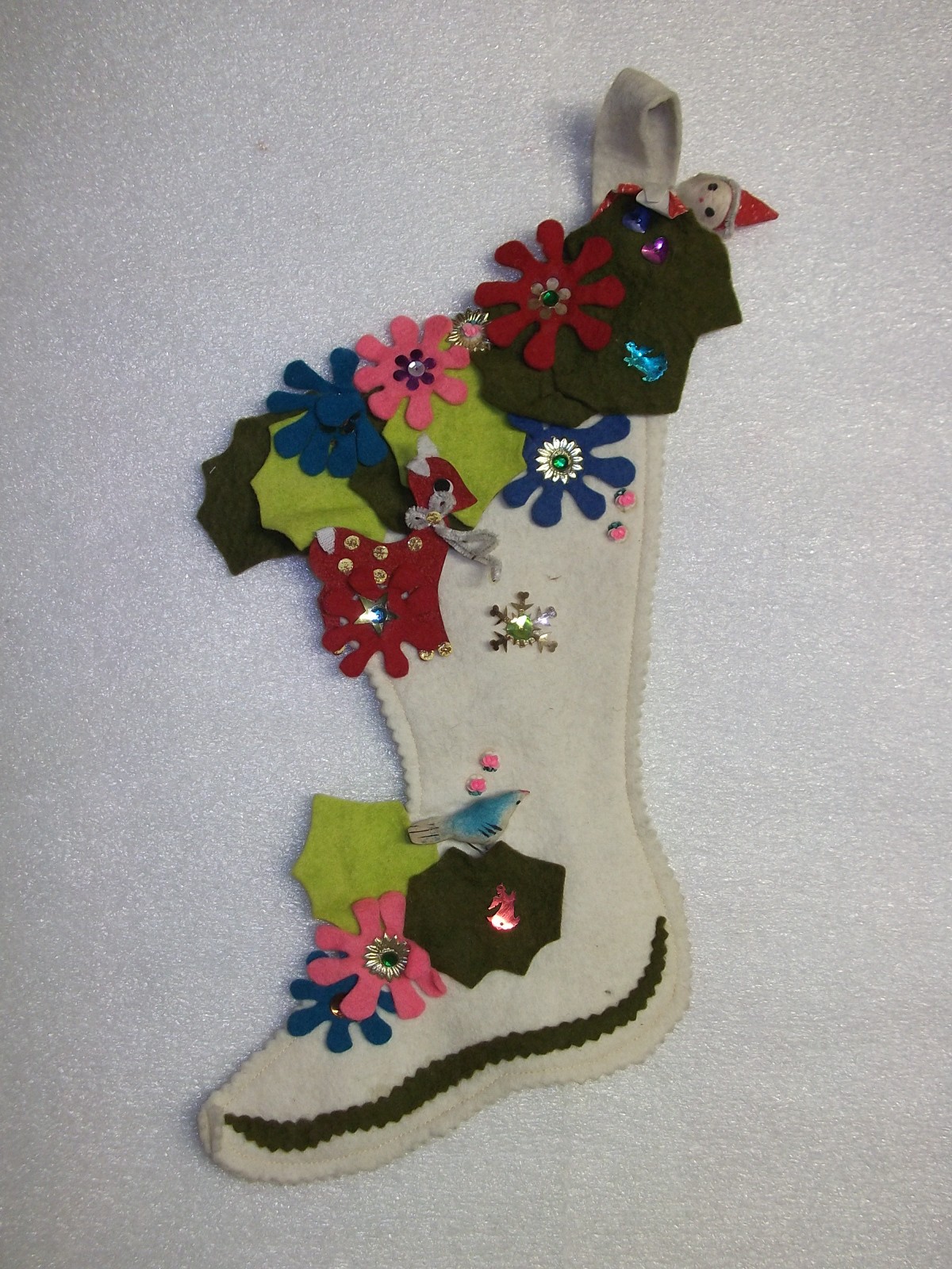 Christmas Stocking Felt  Handmade Flowers  Vintage