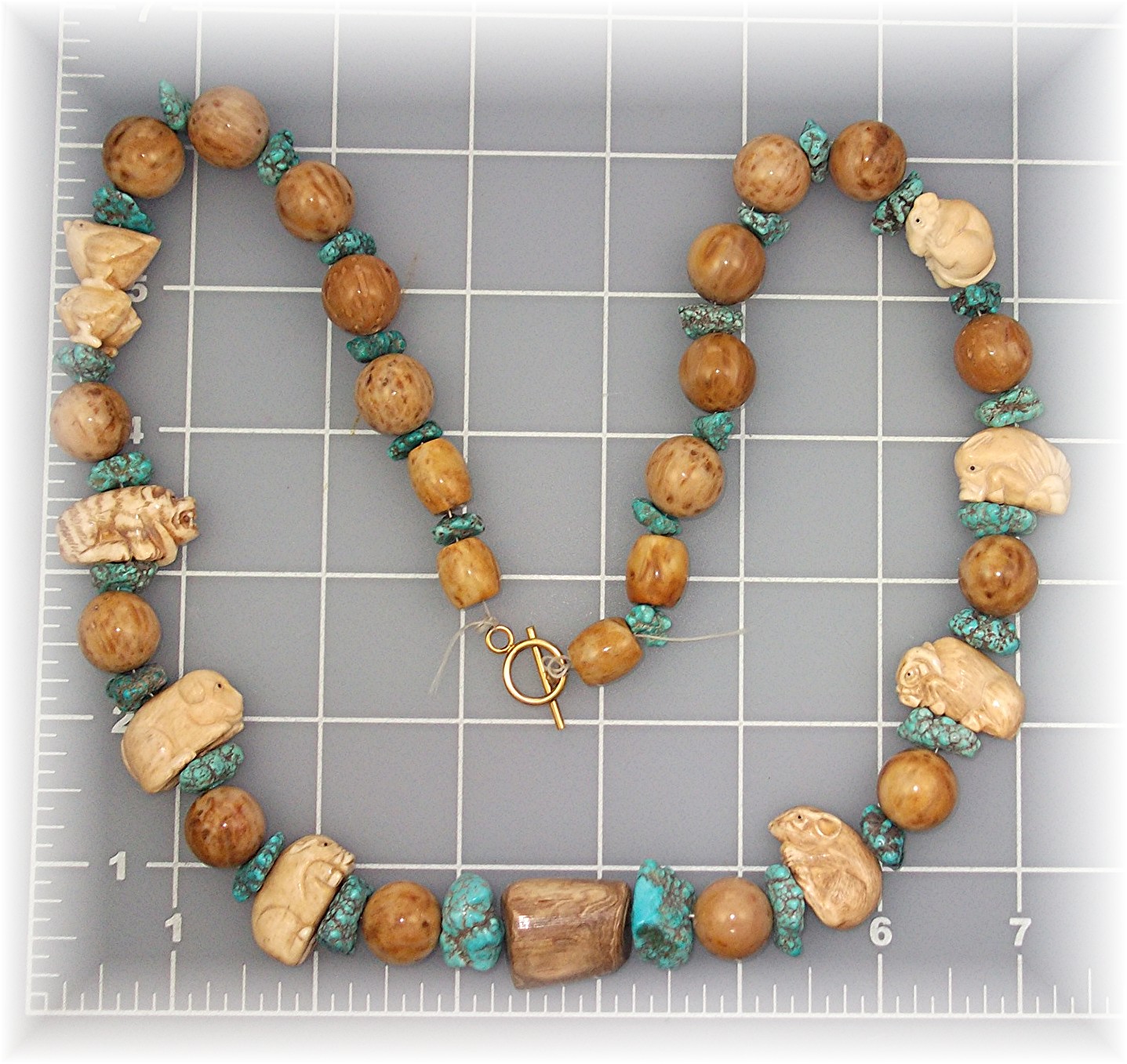 Necklace Turquoise Carved Bone Petrified Palm Beads