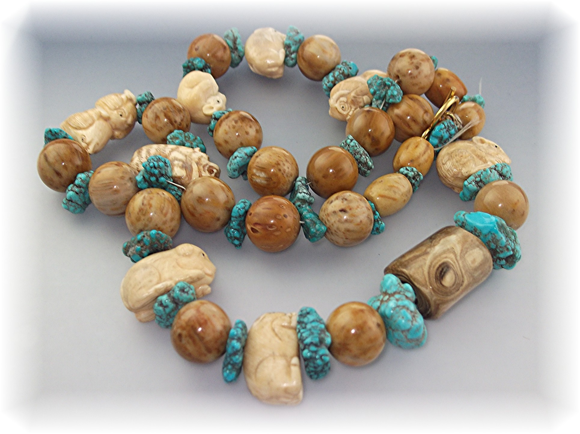 Necklace Turquoise Carved Bone Petrified Palm Beads