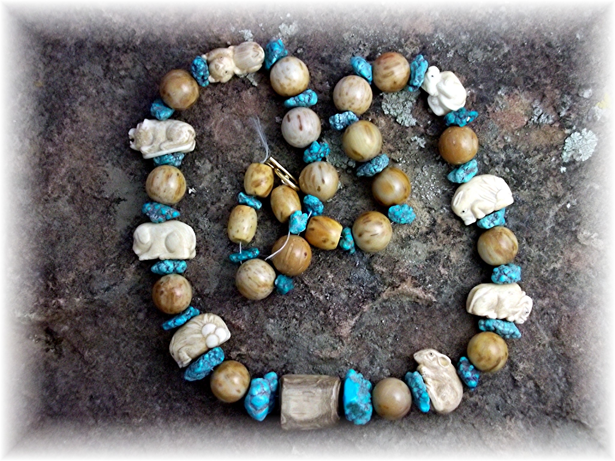 Necklace Turquoise Carved Bone Petrified Palm Beads