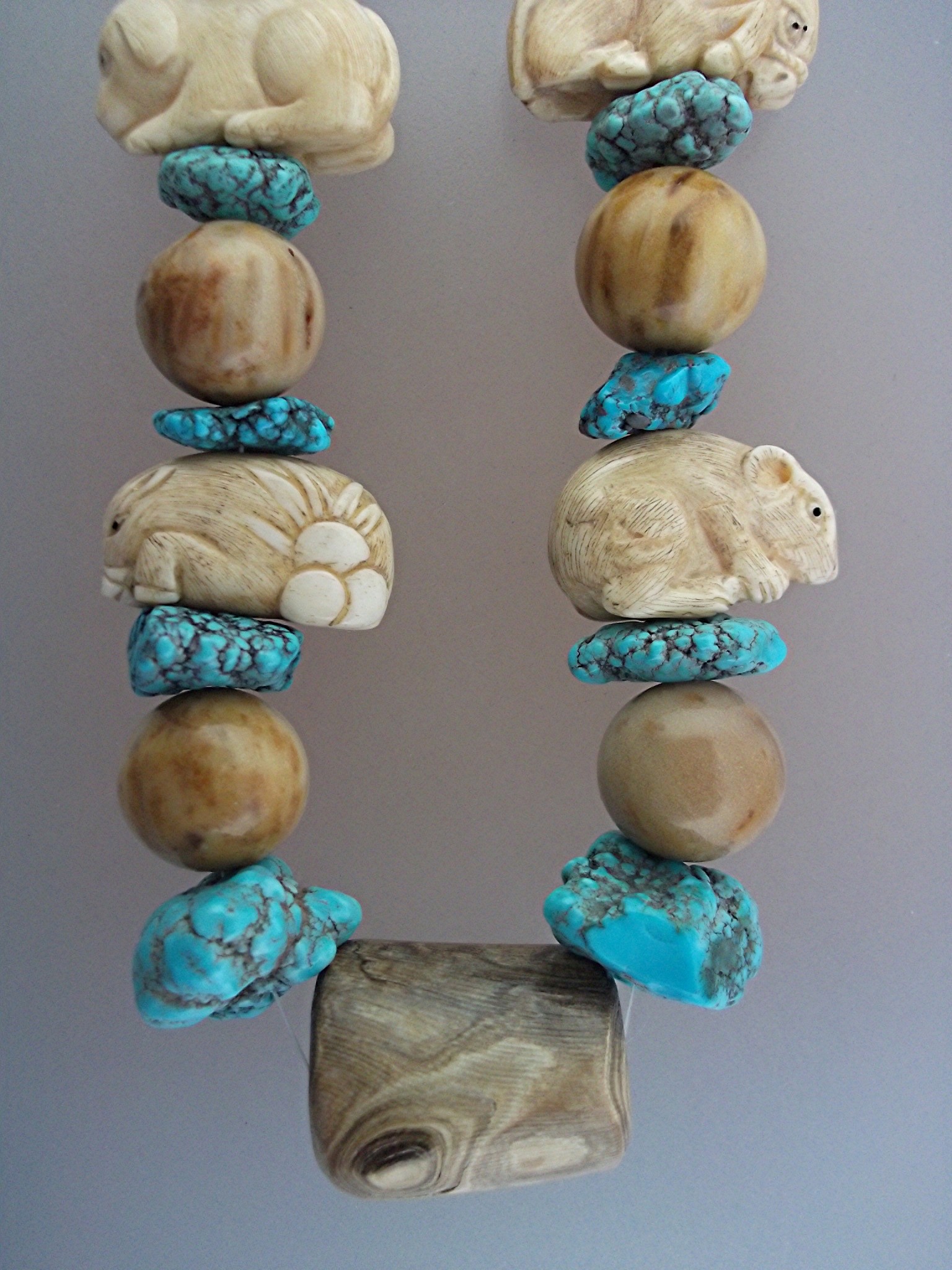 Necklace Turquoise Carved Bone Petrified Palm Beads