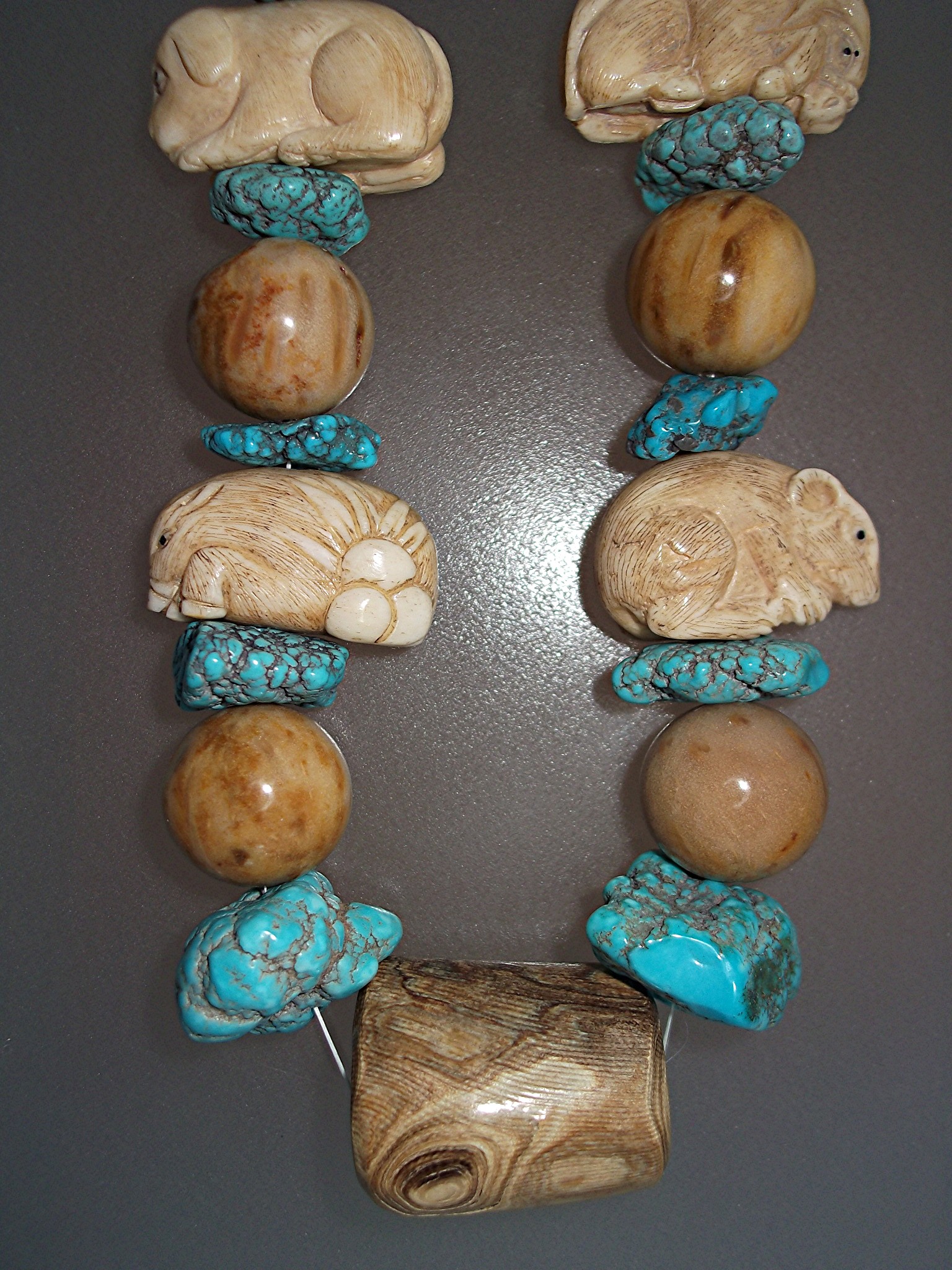 Necklace Turquoise Carved Bone Petrified Palm Beads