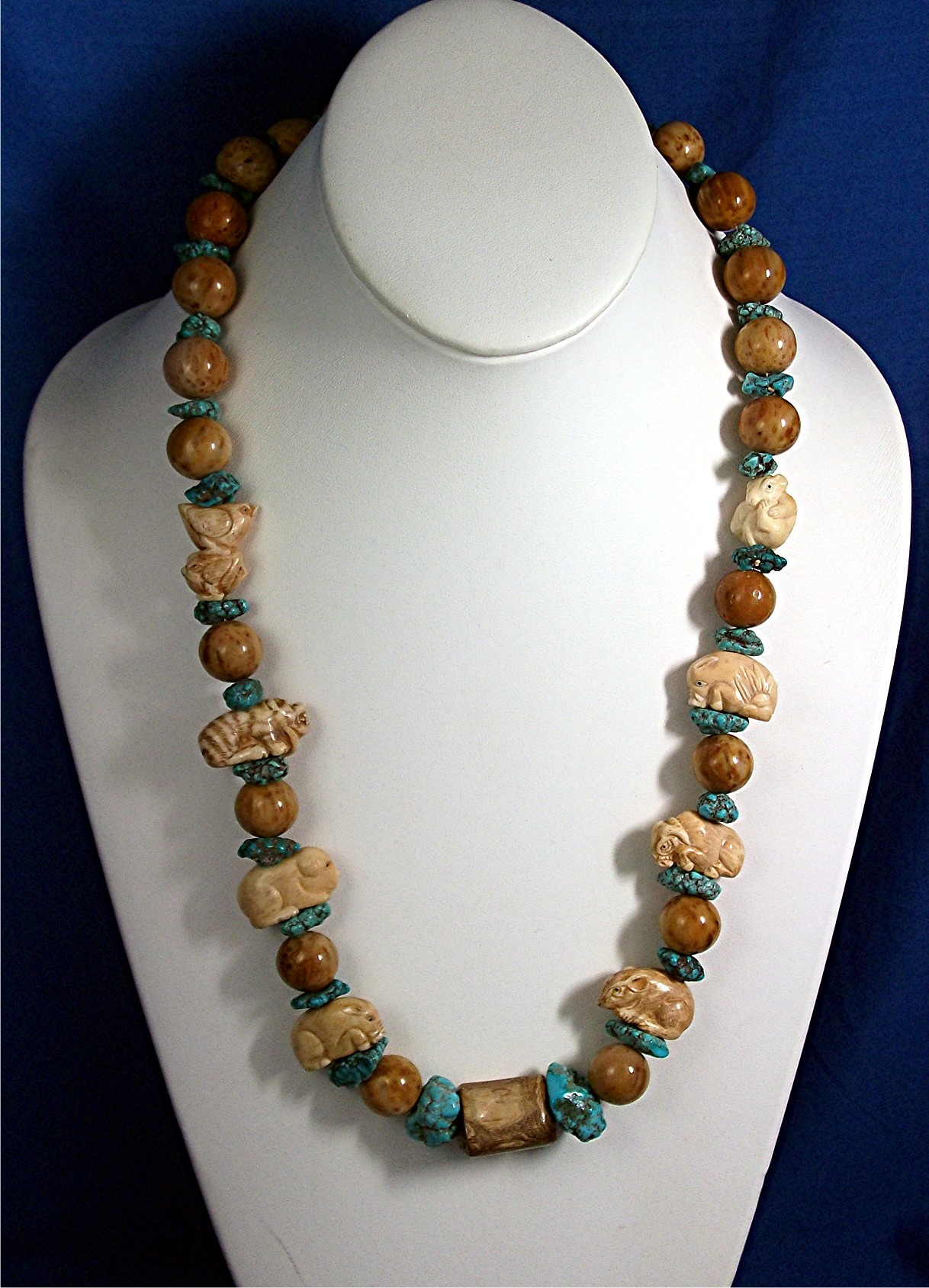 Necklace Turquoise Carved Bone Petrified Palm Beads