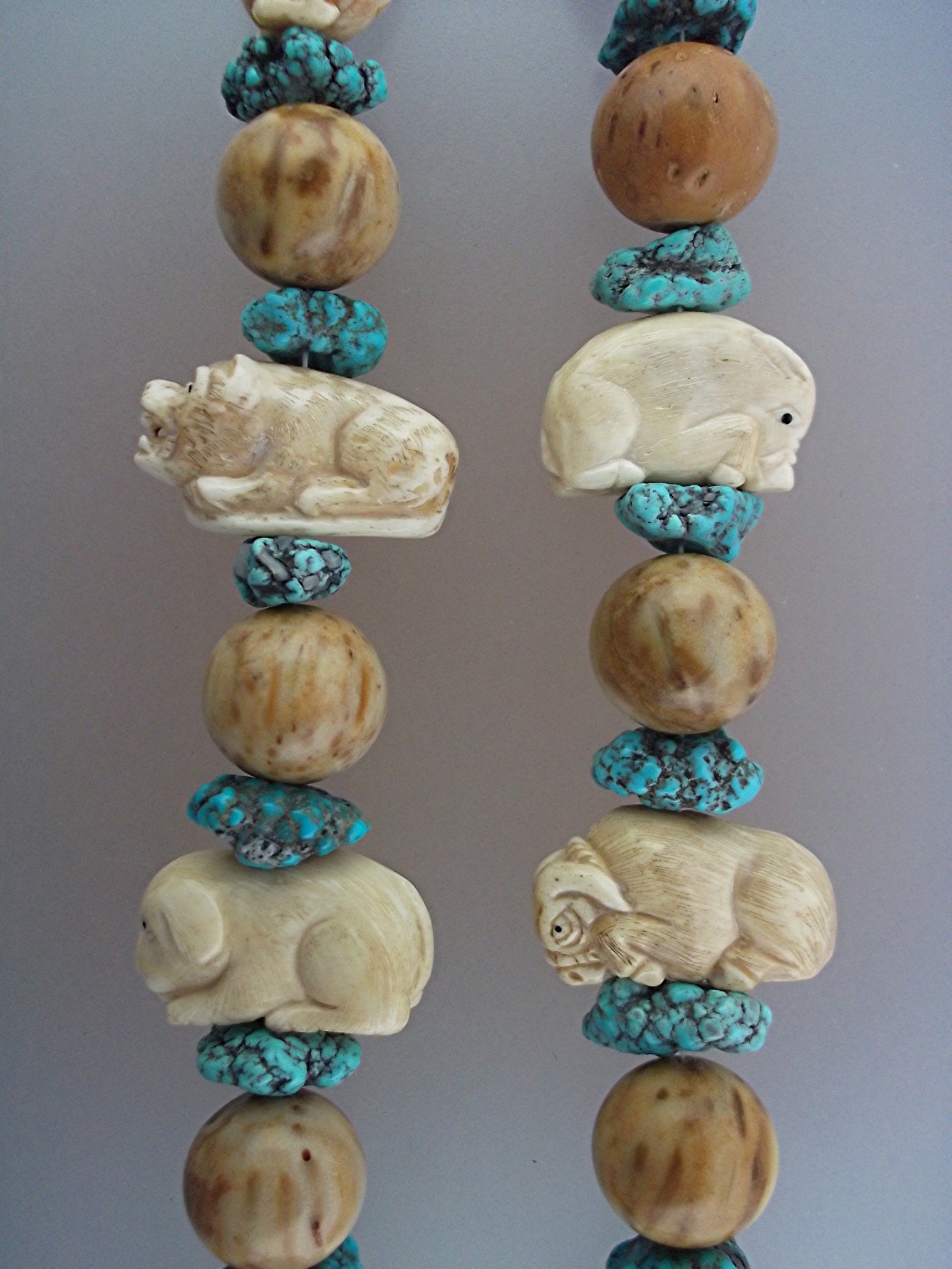 Necklace Turquoise Carved Bone Petrified Palm Beads