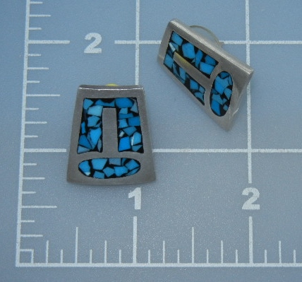 Mexico Silver Turquoise Chip Inlay Pierced Earrings