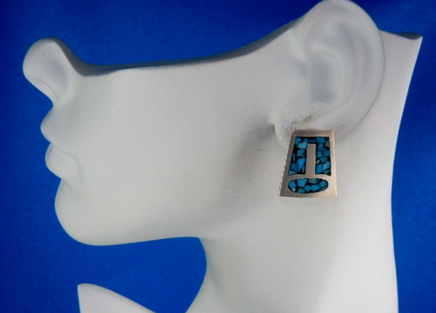 Mexico Silver Turquoise Chip Inlay Pierced Earrings