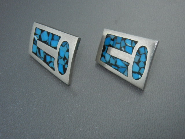 Mexico Silver Turquoise Chip Inlay Pierced Earrings