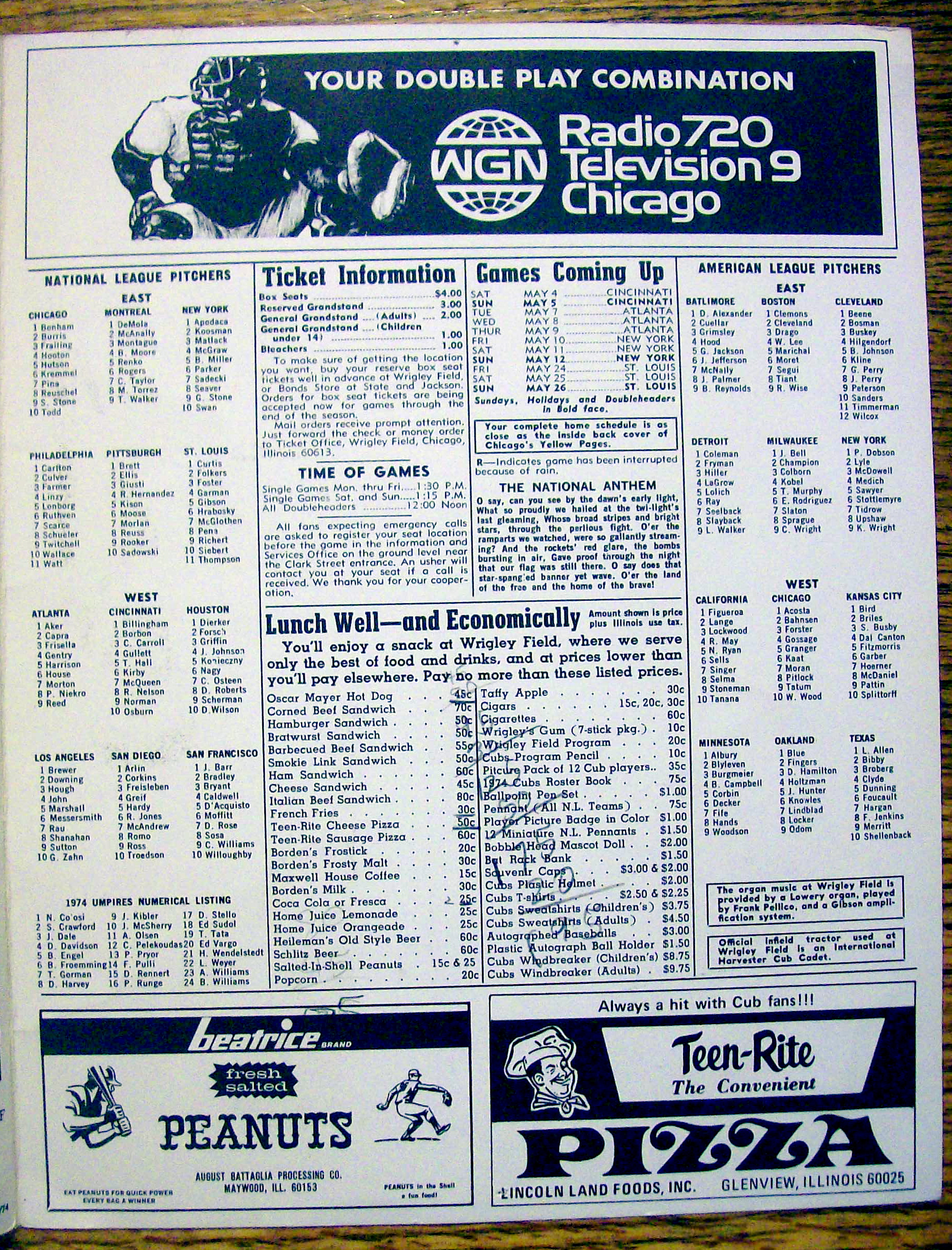 Chicago Cubs vs. Cincinnati Reds Scorecard May 1974