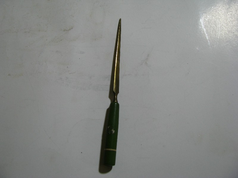 Vintage Brass & Green Painted Turned Wood Handle Letter Opener