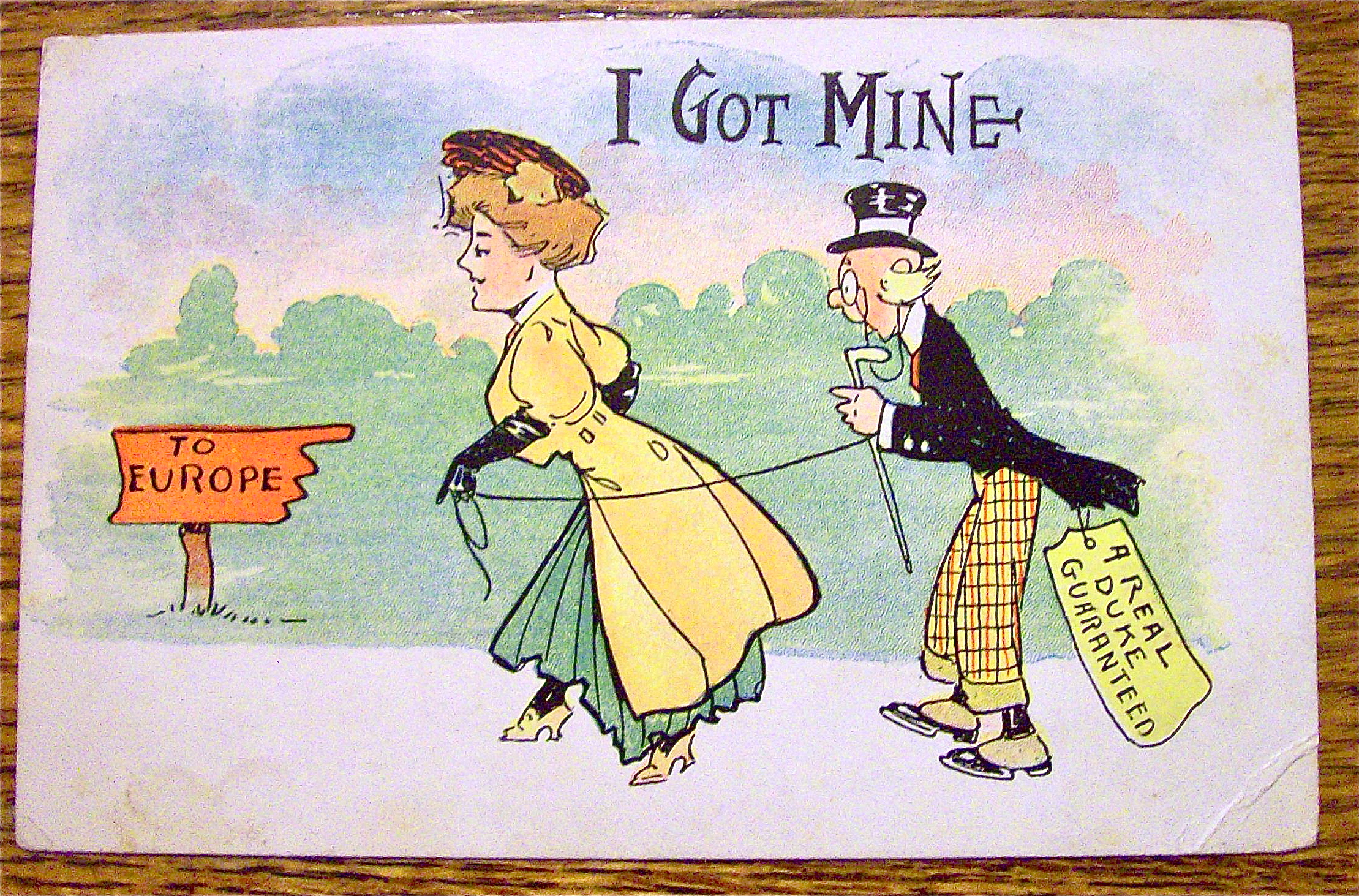 Woman Walking Old Man With A String Postcard